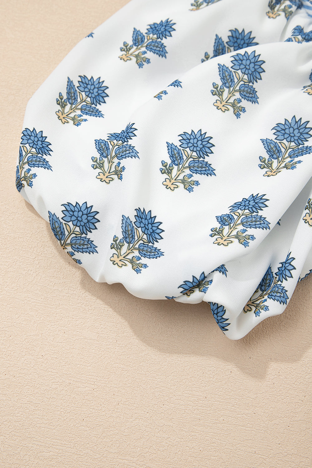 Sky Blue Floral Puff Sleeve Tied Neck Pocketed Mini Dress