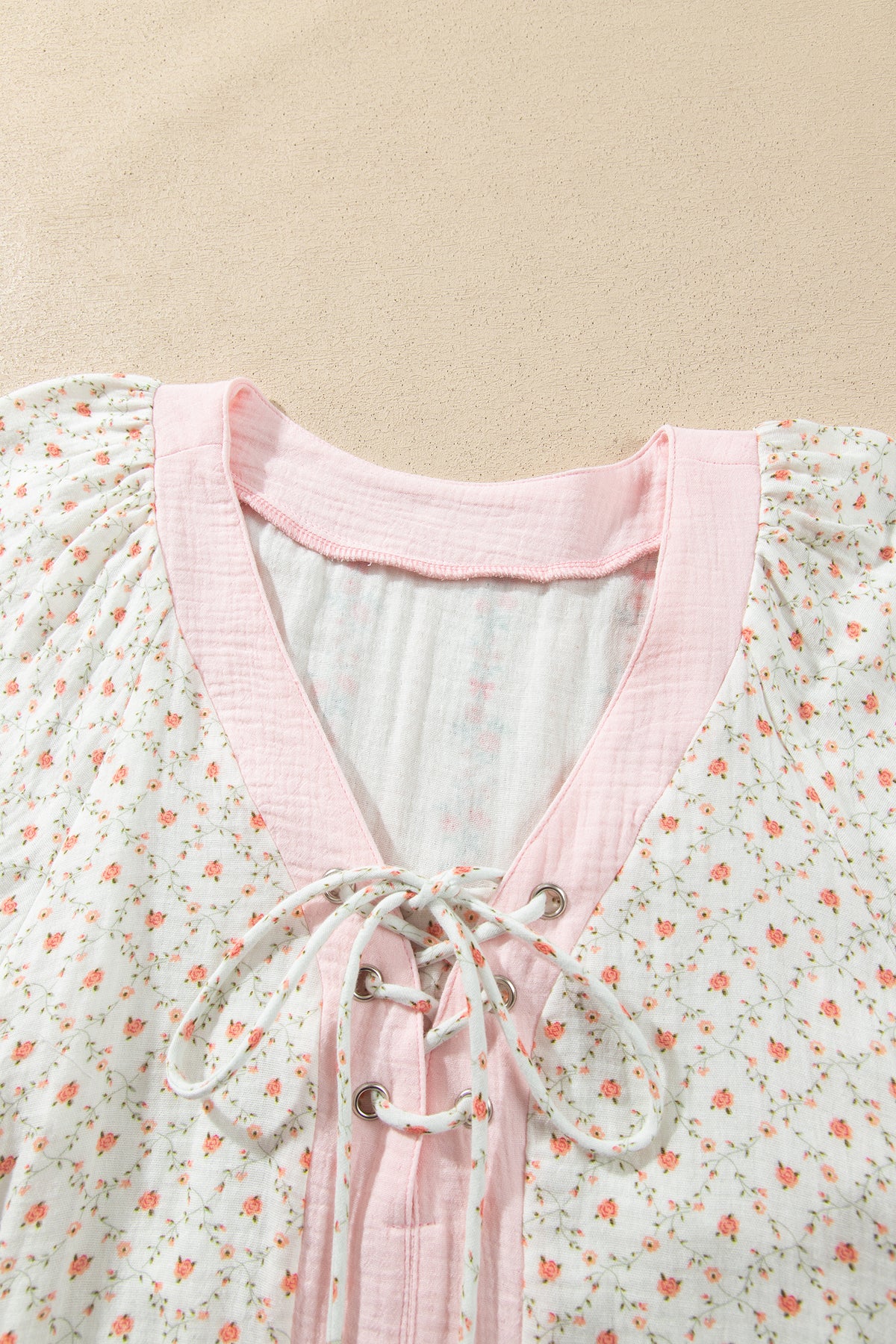 Beige Floral Print Color Block Trim Lace-up V Neck Blouse