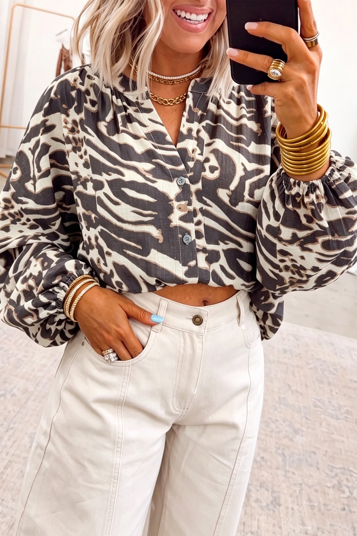 Parchment Leopard Print Button Down Balloon Sleeve Shirt
