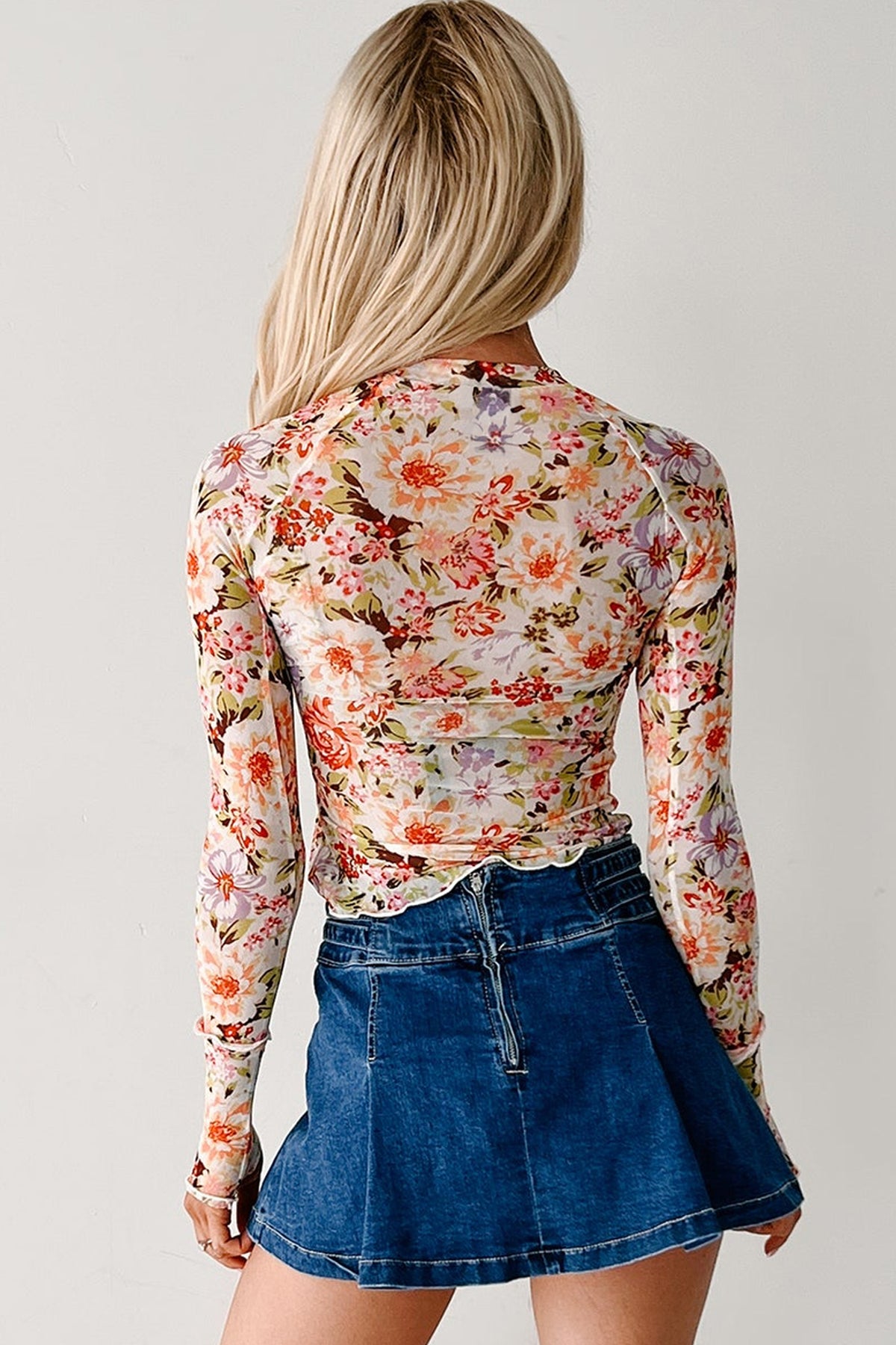 Multicolour Floral Print Mesh Thumbhole Slim Top