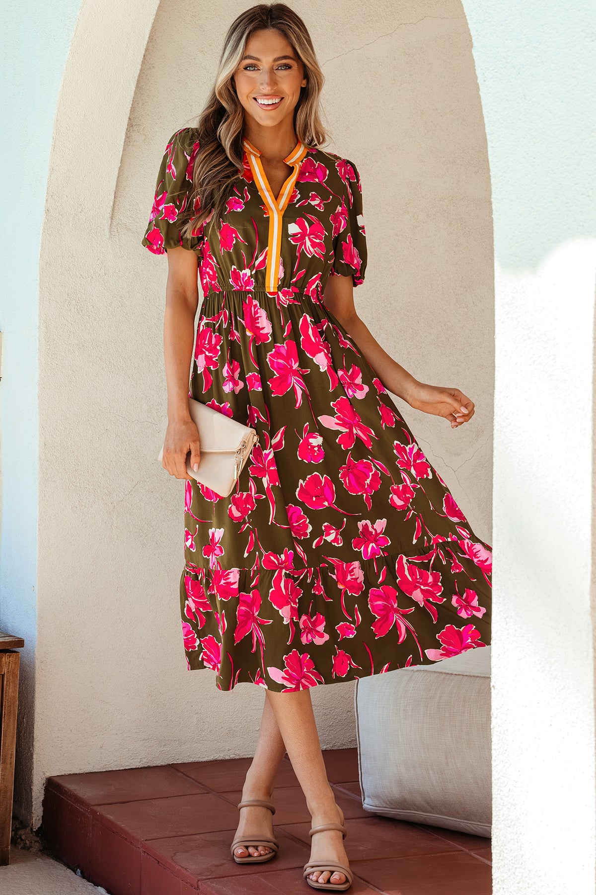 Green Floral Striped Split Neck Short Puff Sleeve Ruffle Hem Maxi Dress