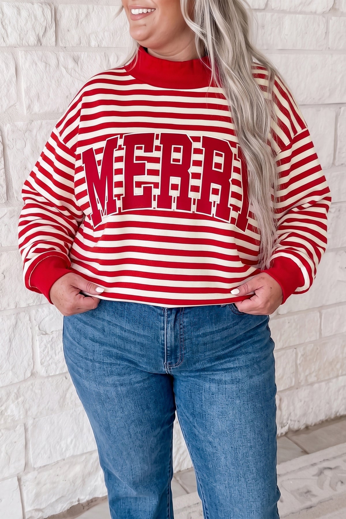 Red Stripe Plus Size MERRY Festive Letter Sweatshirt