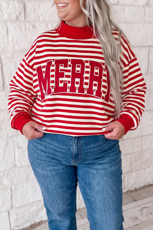 Red Stripe Plus Size MERRY Festive Letter Sweatshirt