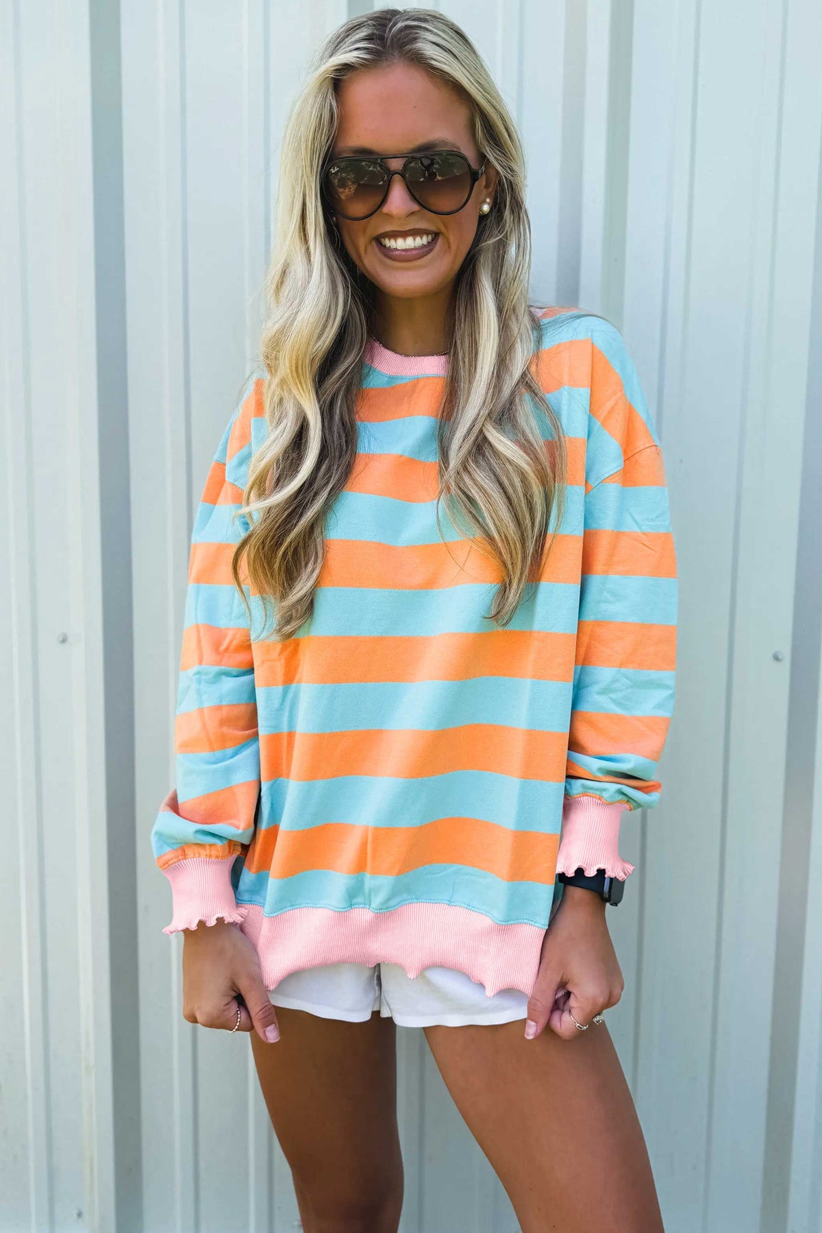 Orange Stripe Ribbed Color Block Trim Round Neck Shift Top