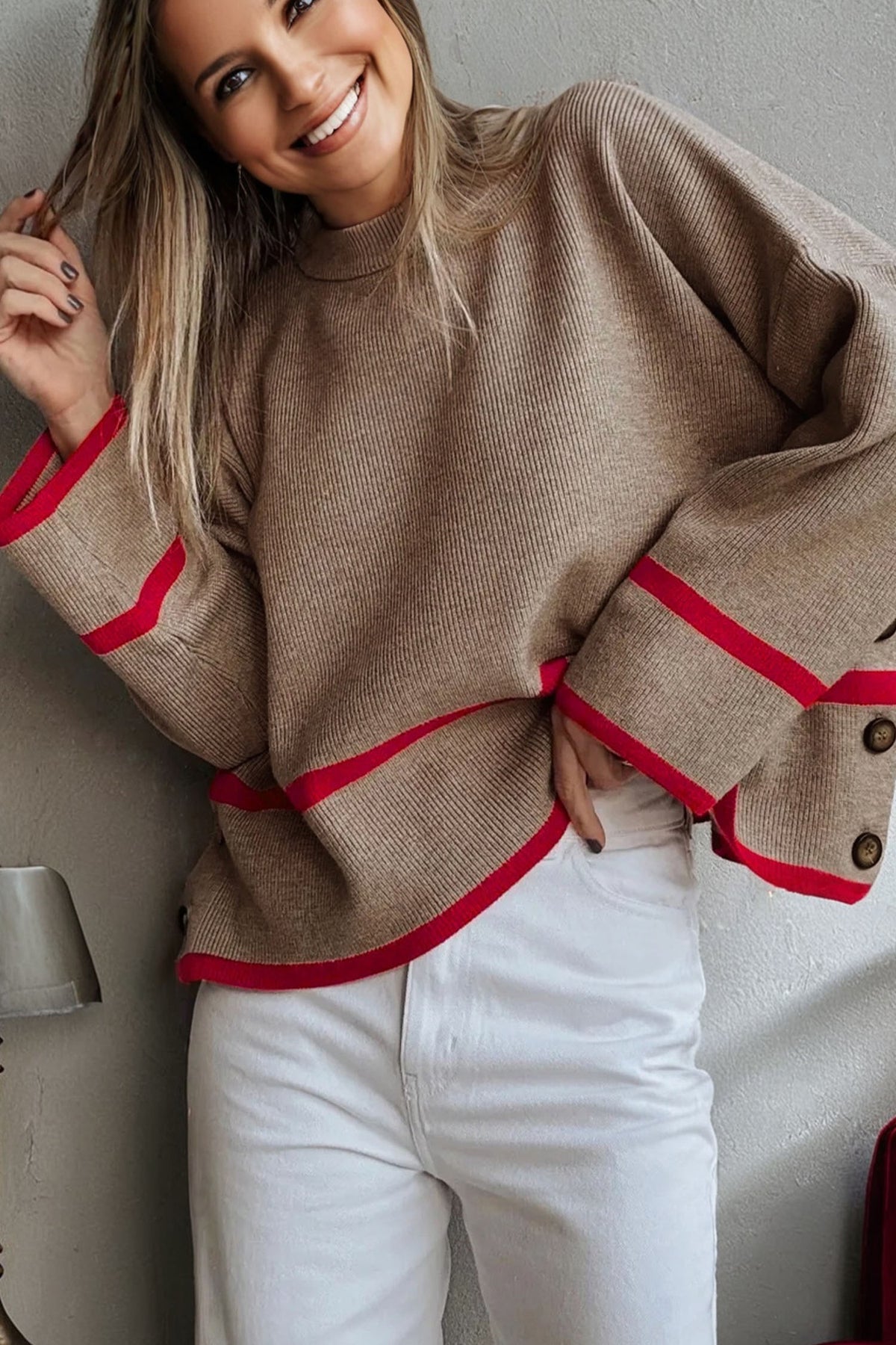 Simply Taupe Ribbed Knit Contrasted Stripe Detail Button Side Sweater
