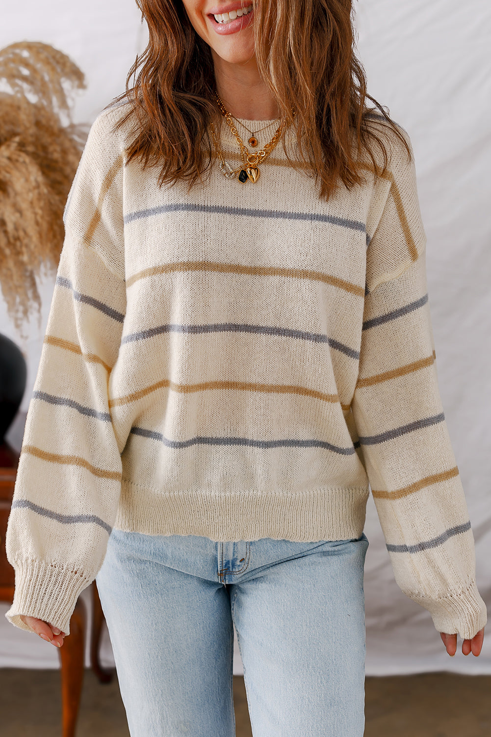 Pink Stripe Ribbed Edge Drop Shoulder Sweater
