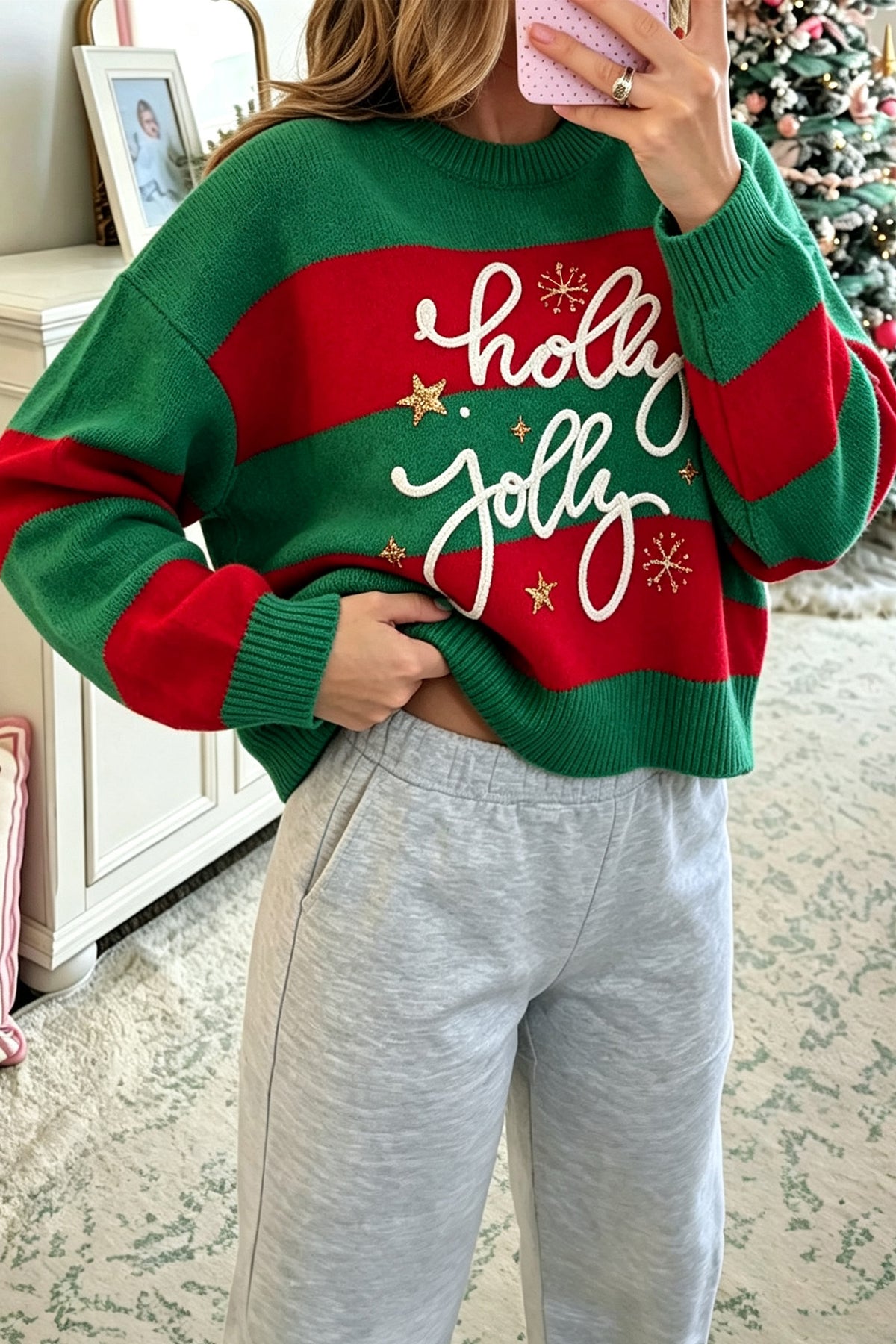 Pink Stripe Festive Holly Jolly Sequin Christmas Holiday Sweater