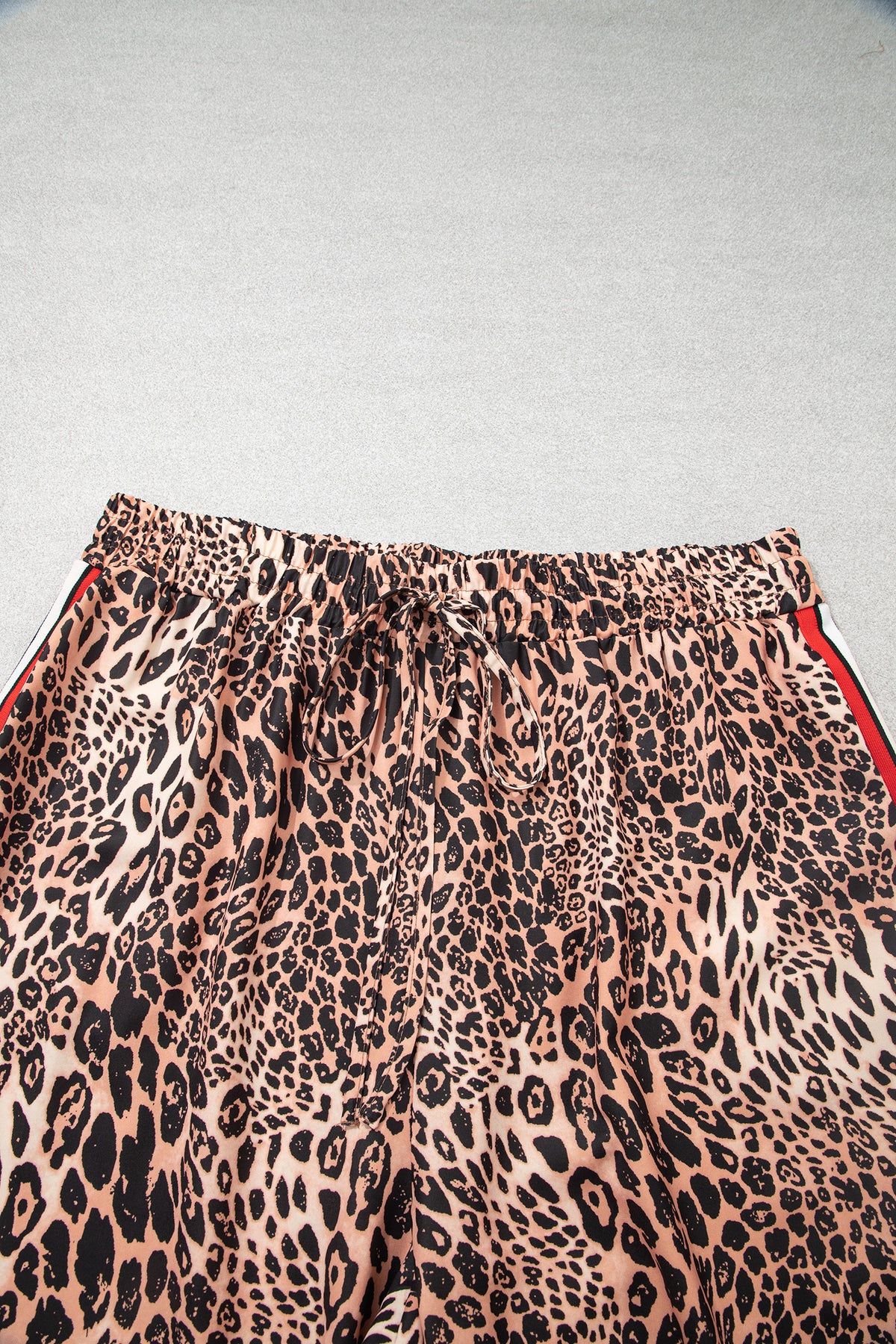 Khaki Leopard Print Color-Block Side Stripes Wide-Leg Full-Length Plus Size Pants