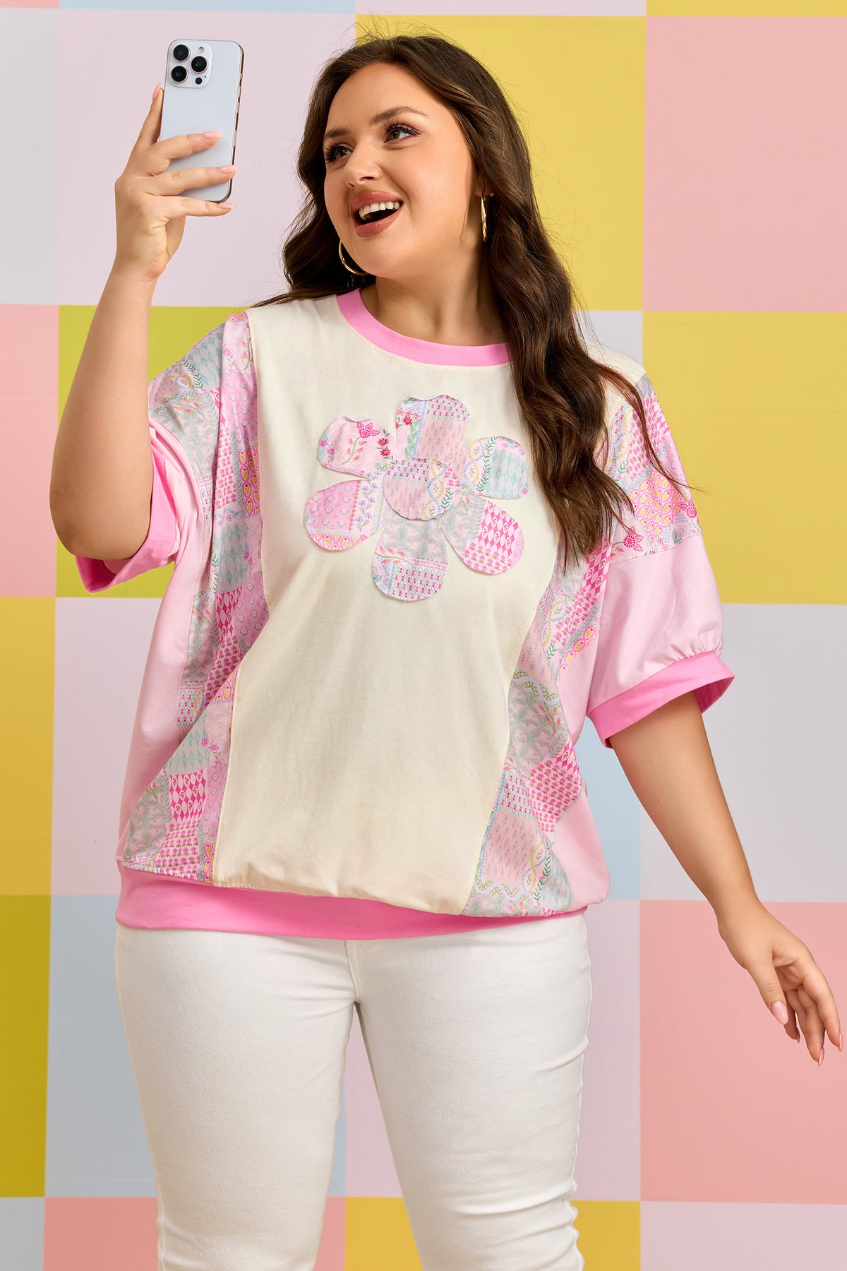 Beige Plus Size Floral Patchwork Short-Sleeve Patch Embroidery Cotton T-Shirt