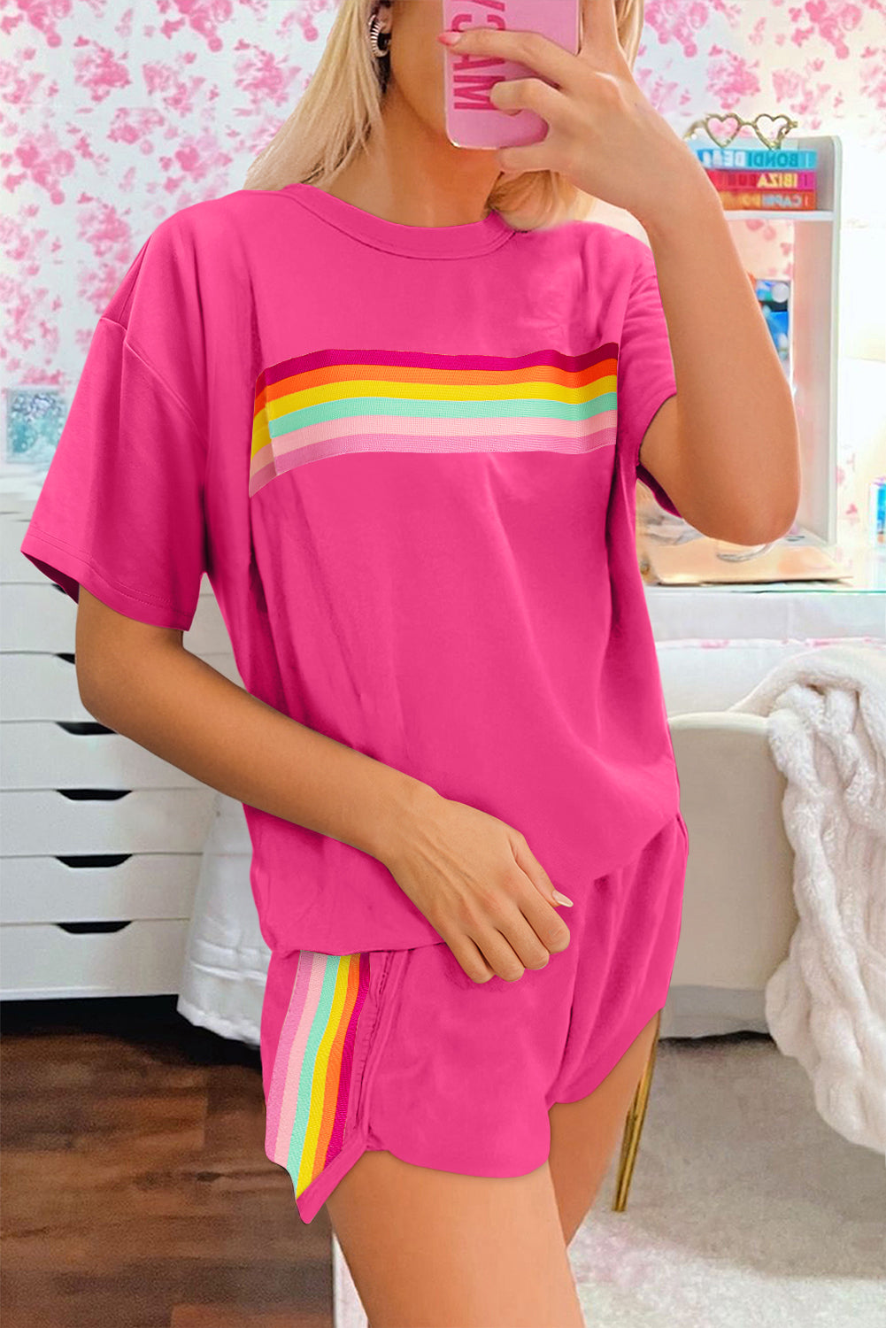 Women's Beige Vibrant Striped Detail Athleisure Two-Piece Shorts Set