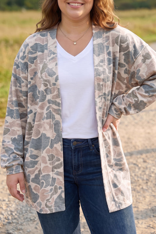 Multicolour Retro Camouflage Print Plus Size Open Cardigan