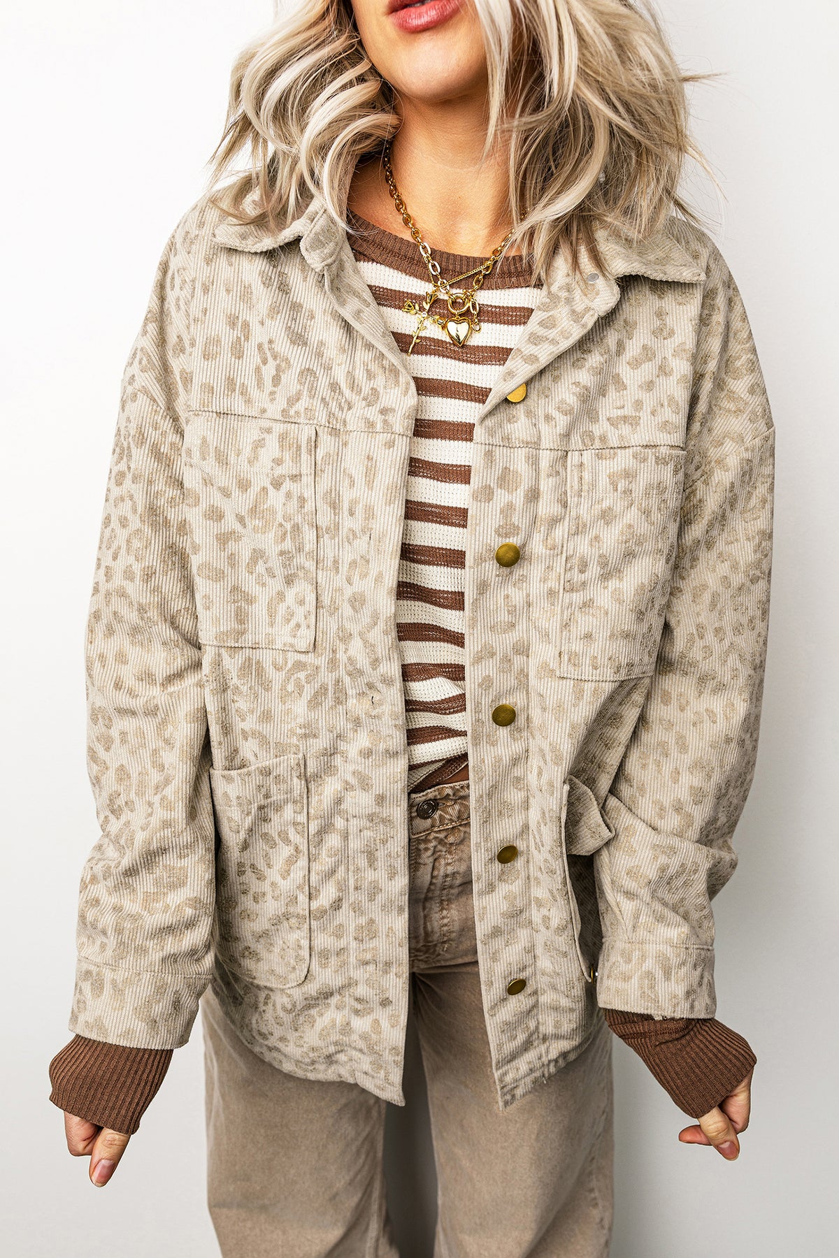 Khaki Leopard Print Corduroy Shirt Collar Long Sleeve Jacket