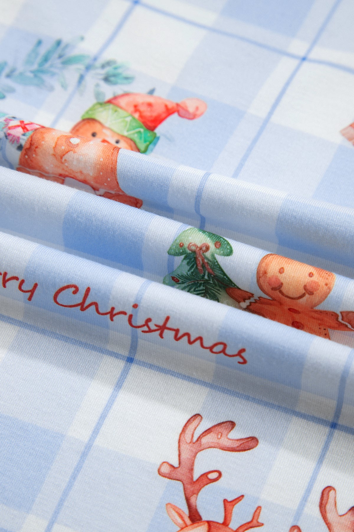 Sky Blue Plaid Cartoon Christmas Pattern Shirt Top Pajama Set