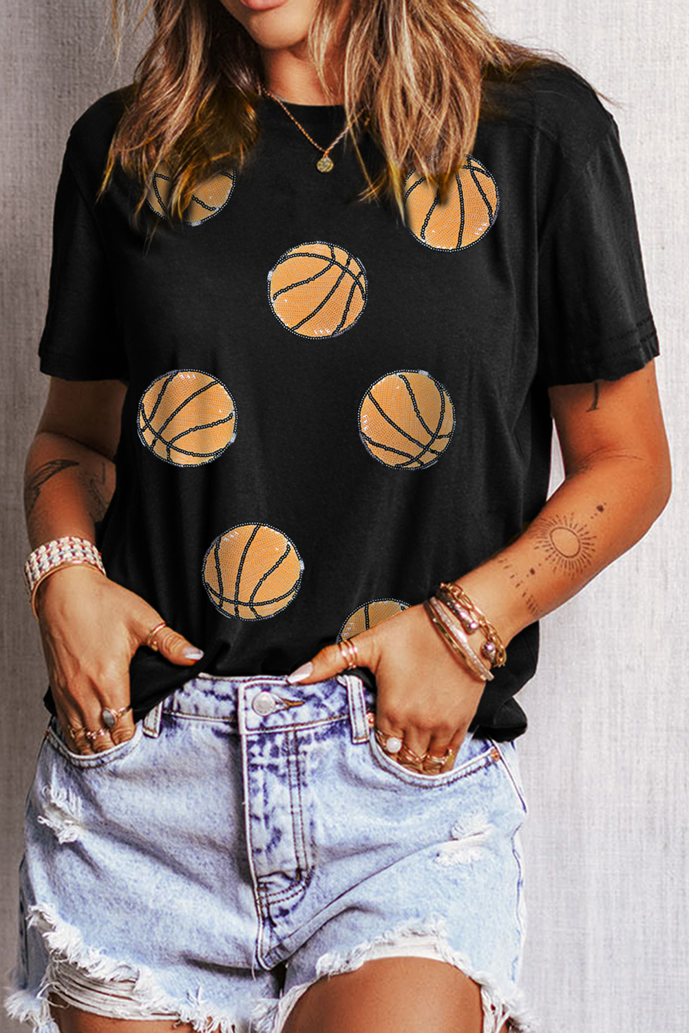 Black Sequin Basketball Graphic Crewneck Game Day T-Shirt