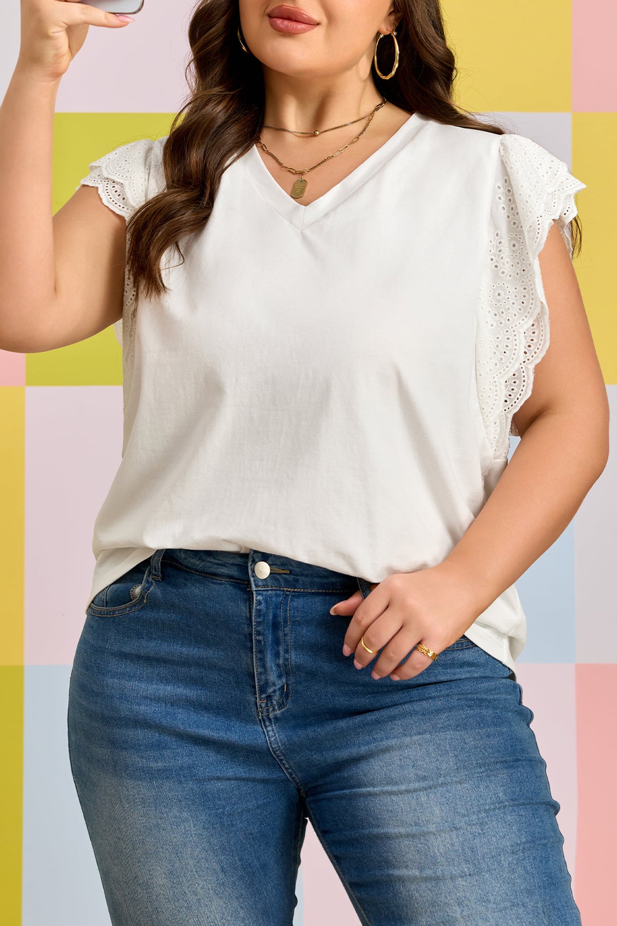 White Eyelet Crochet Splicing Short-Sleeve Plus Size Tee