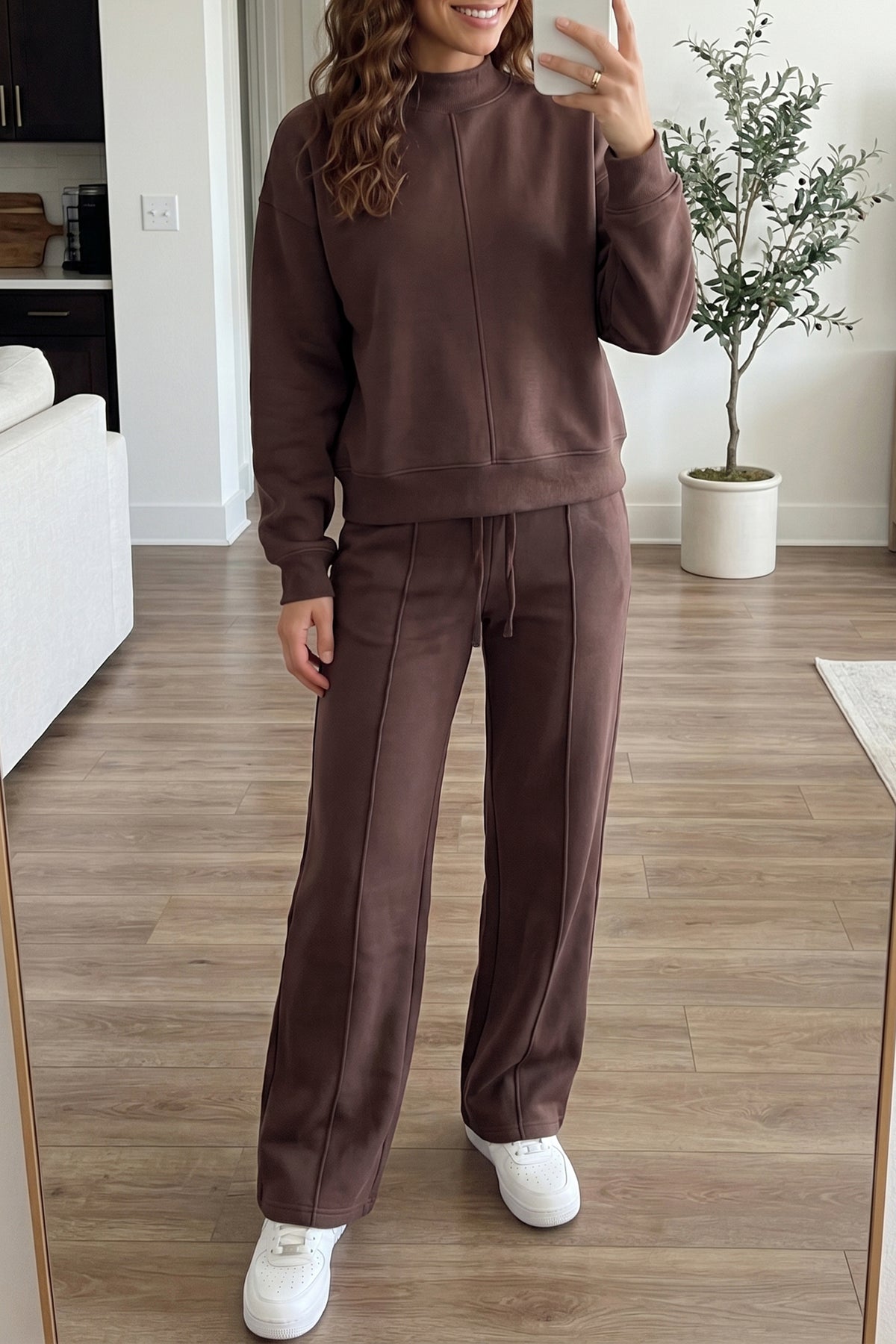 Women's Coffee Piping Trim Mock Neck Pullover Drawstring Pants Set