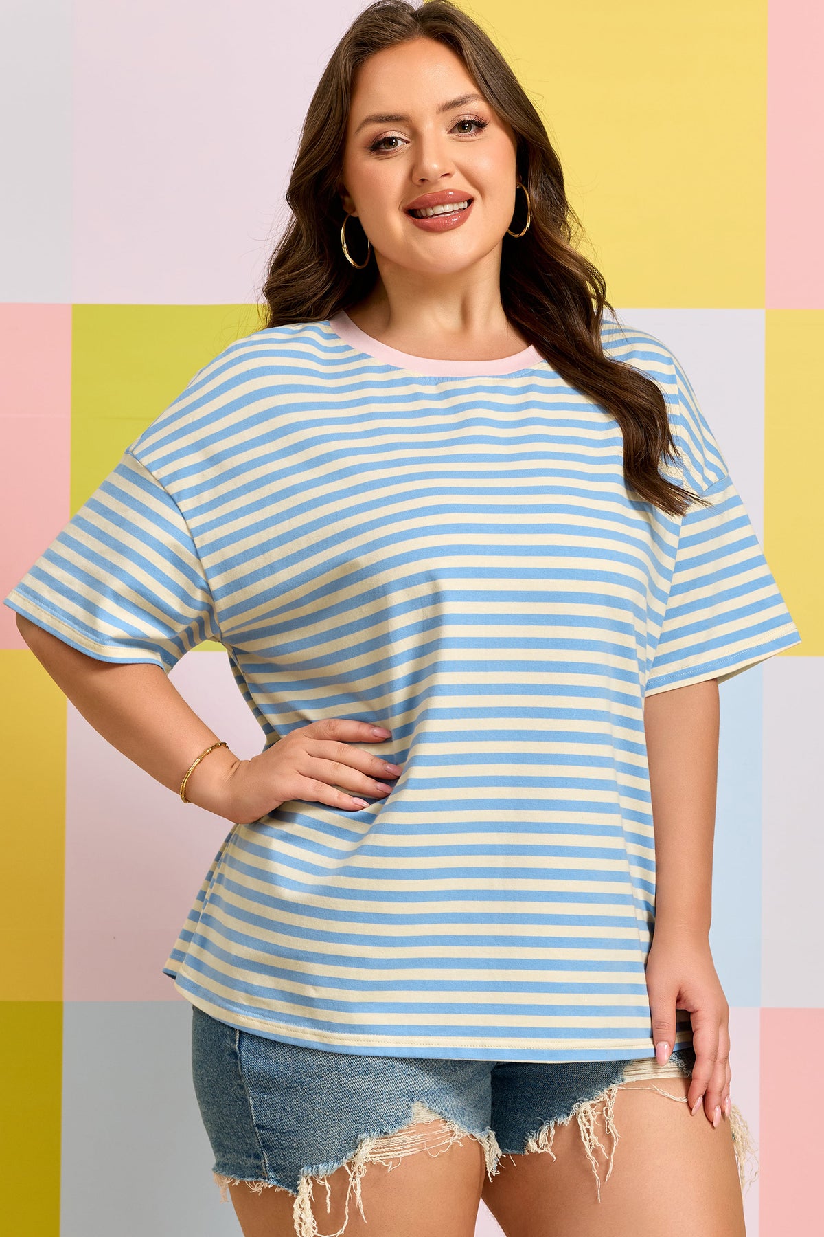 Sky Blue Stripe Plus Size Drop-Shoulder Contrast Trim Round-Neck Tee