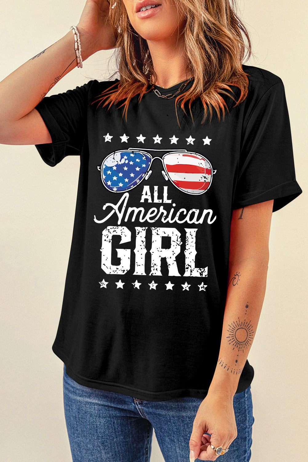 Black Stars and Stripes Glasses Slogan Graphic T-Shirt
