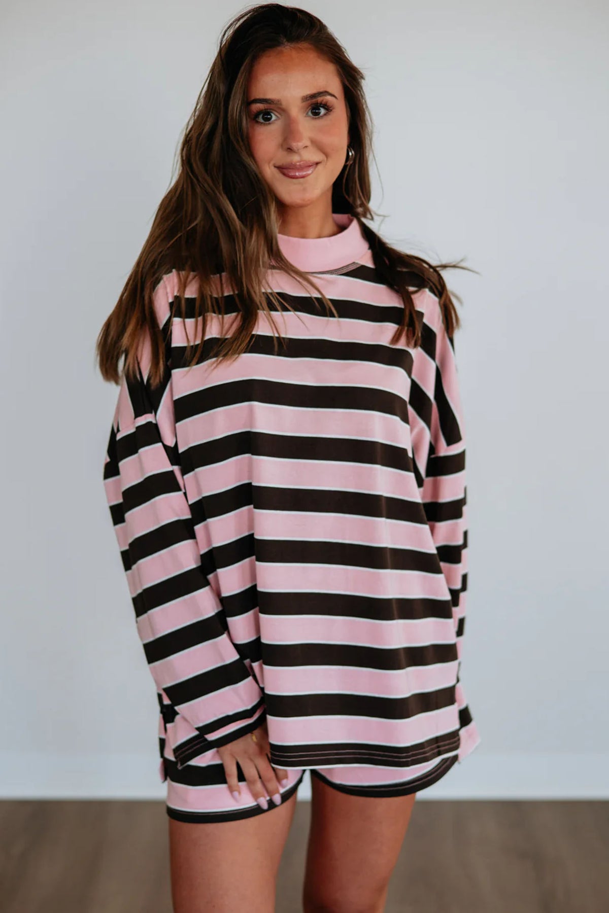 Pink Stripe Oversized Top and Elastic Waist Shorts Set