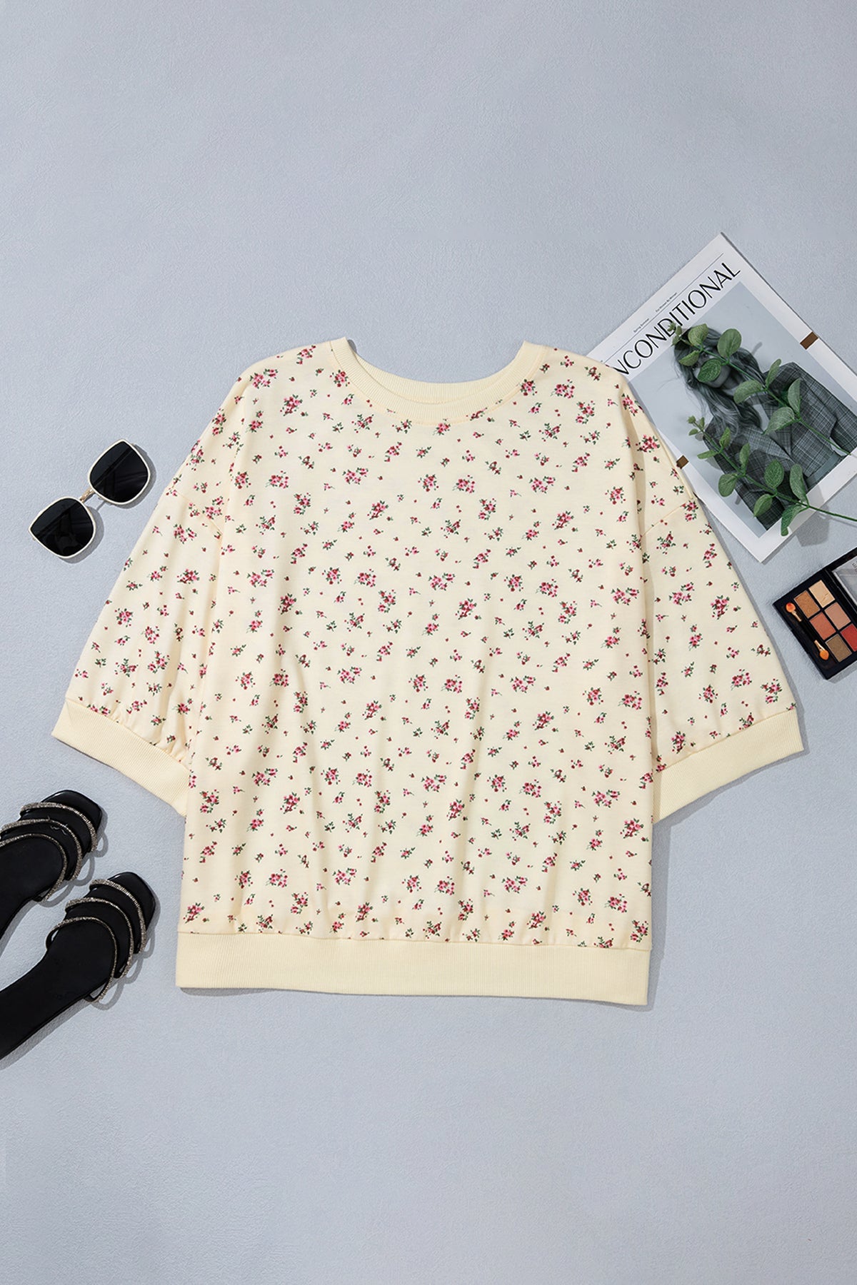 Beige Floral Print Color-Block Cuffs Hem Plus Size Blouse