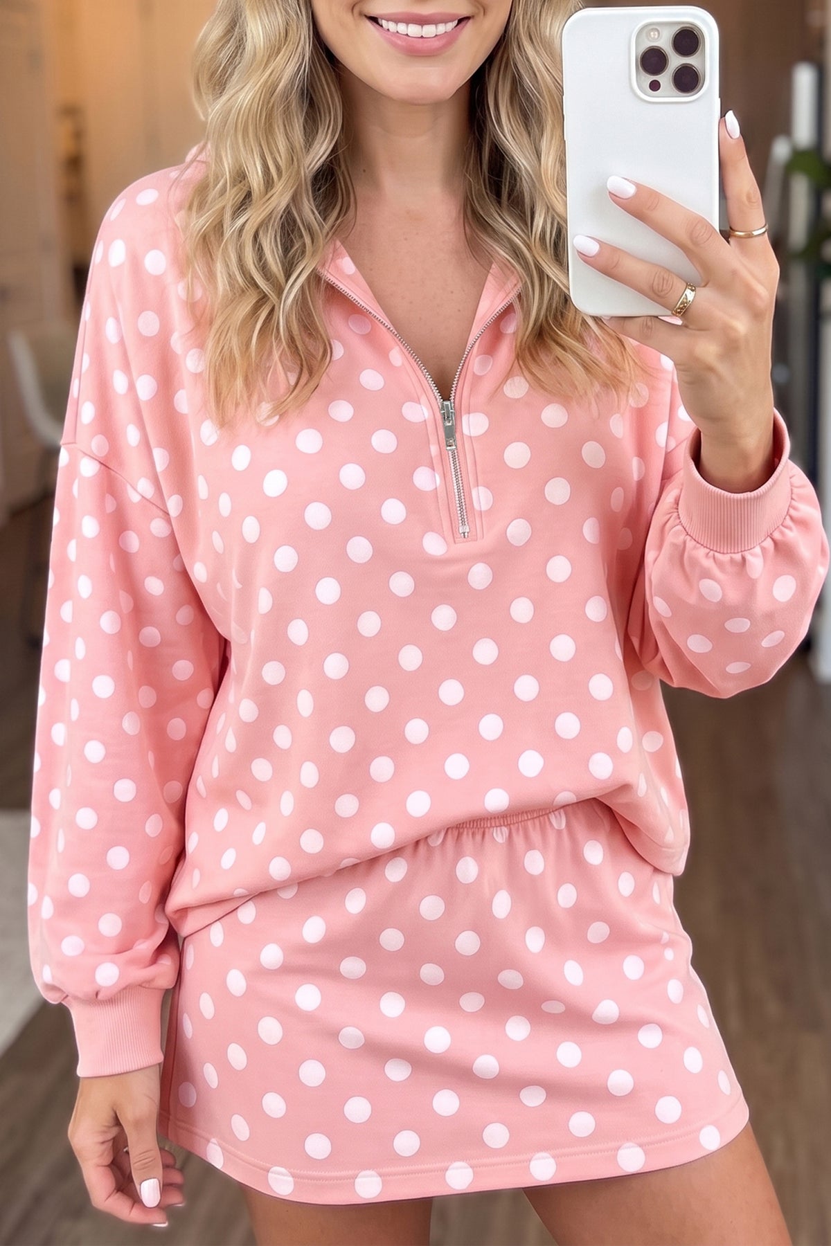Women's Pink Polka Dot Hooded Long-Sleeve Top Casual Mini Skort Set