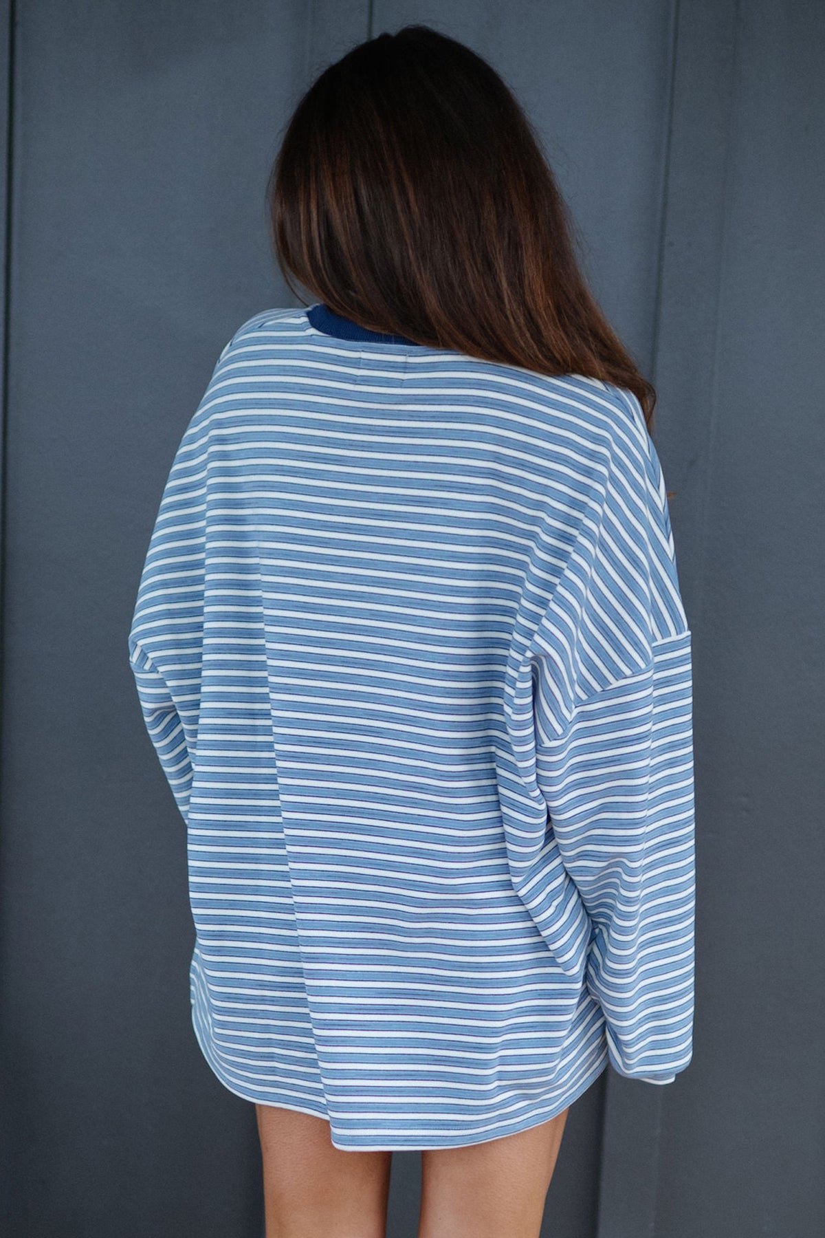 Women's Sky Blue Stripe Long-Sleeve Oversized Top Pocketed Casual Shorts Two-Piece Set