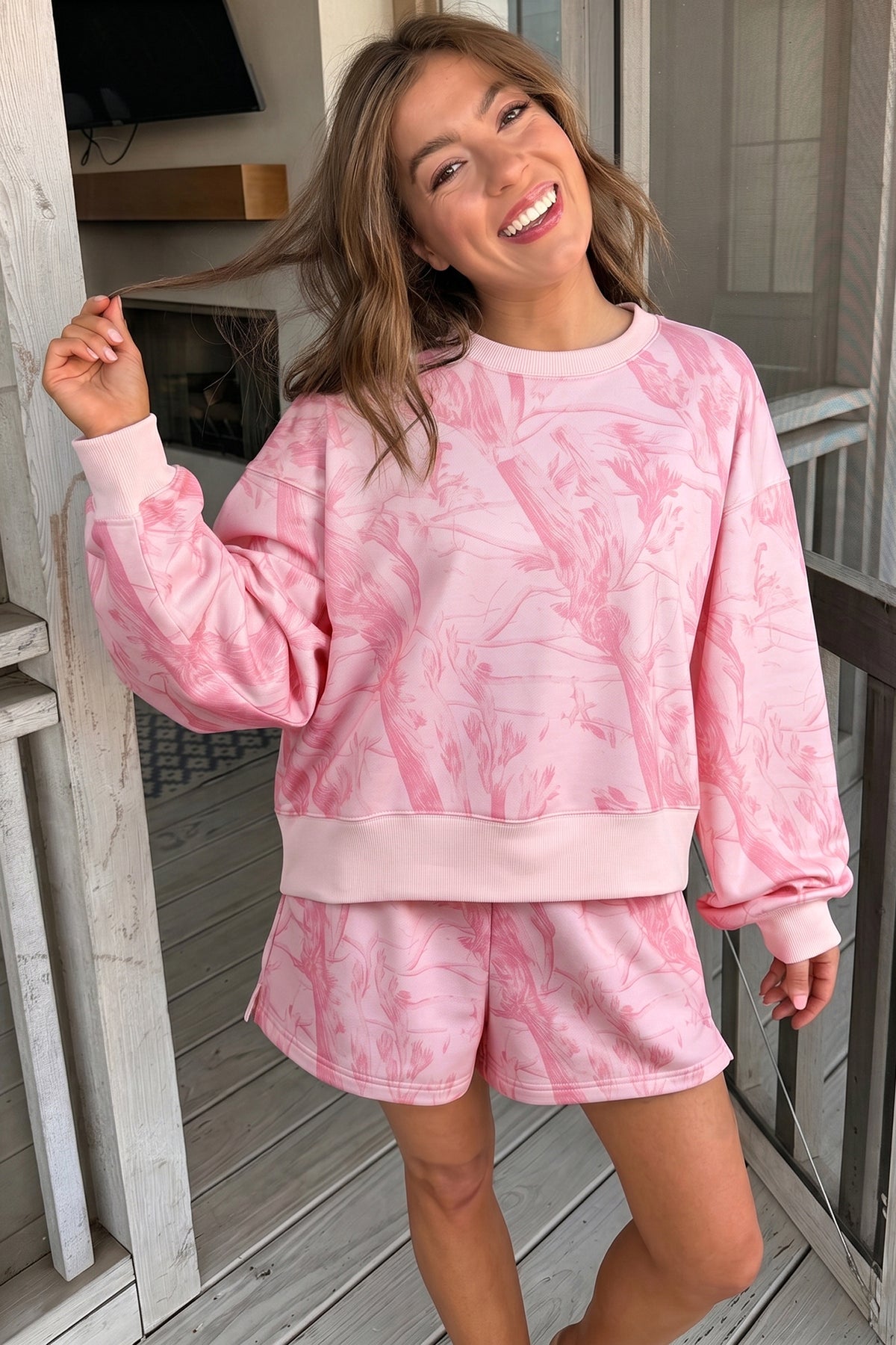 Women's Pink Abstract Print Ribbed Crewneck Long-Sleeve Top Elastic Waist Shorts Set
