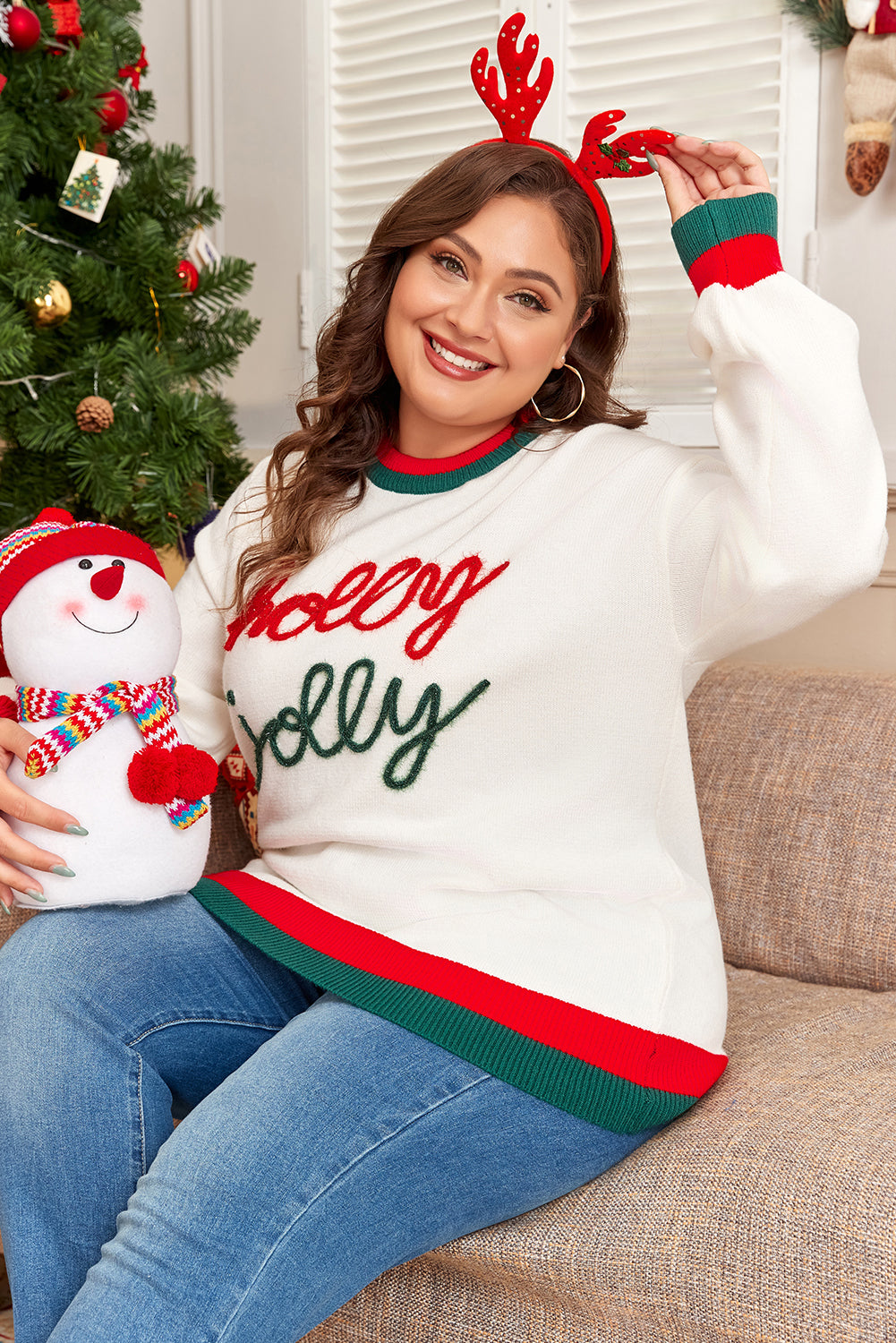 White Tinsel holly jolly Pattern Color-Block Edge Drop-Shoulder Plus Size Sweater