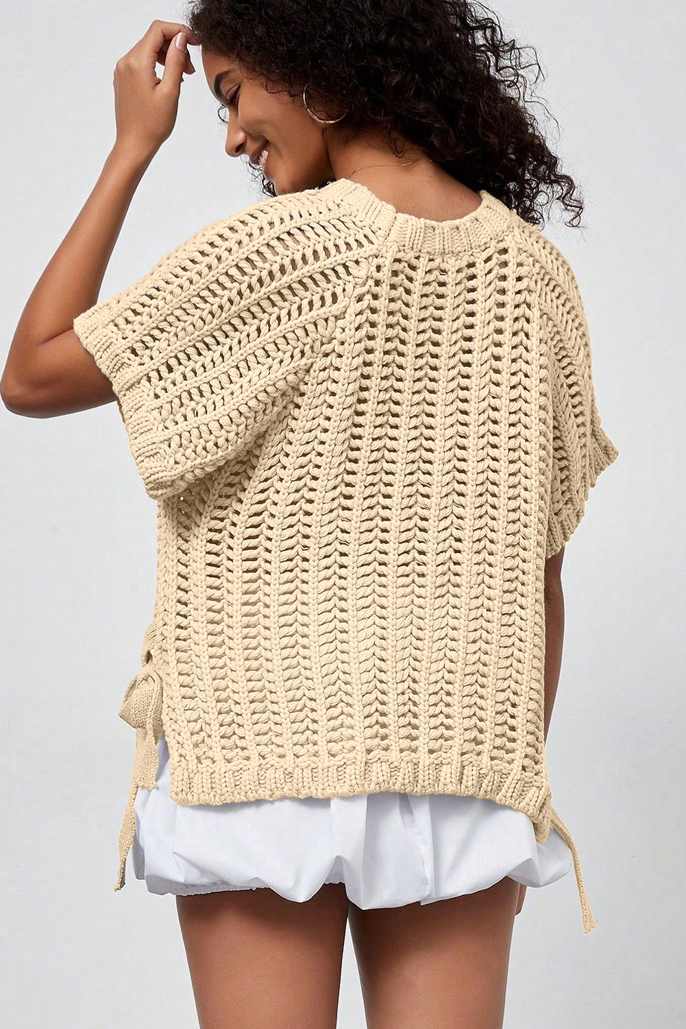 White Plus Size Open Knit Bow Tie Short-Sleeve Sweater