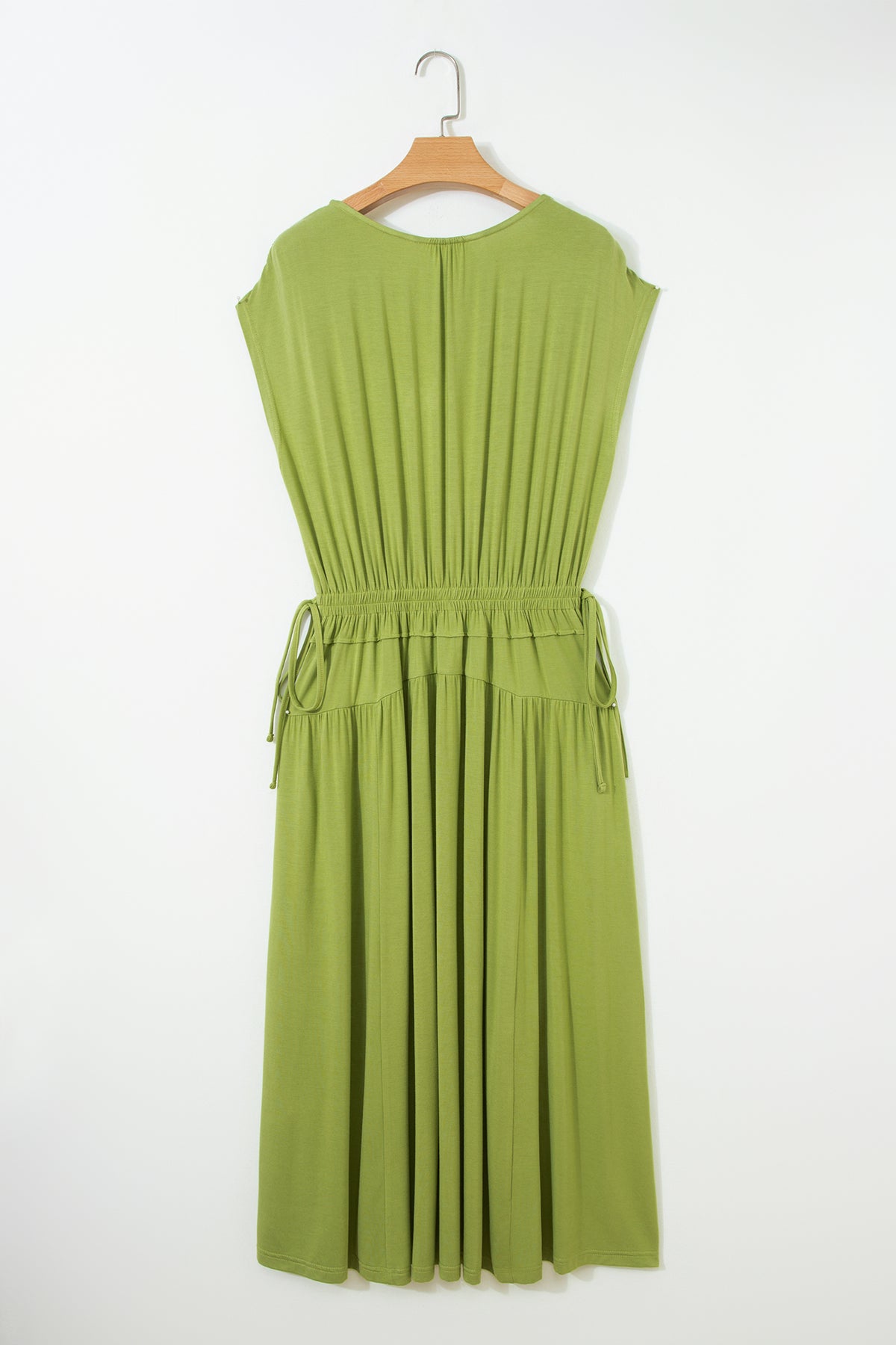 Fern Green Solid V Neck Cap Sleeve Tunic Elastic Waist Maxi Dress