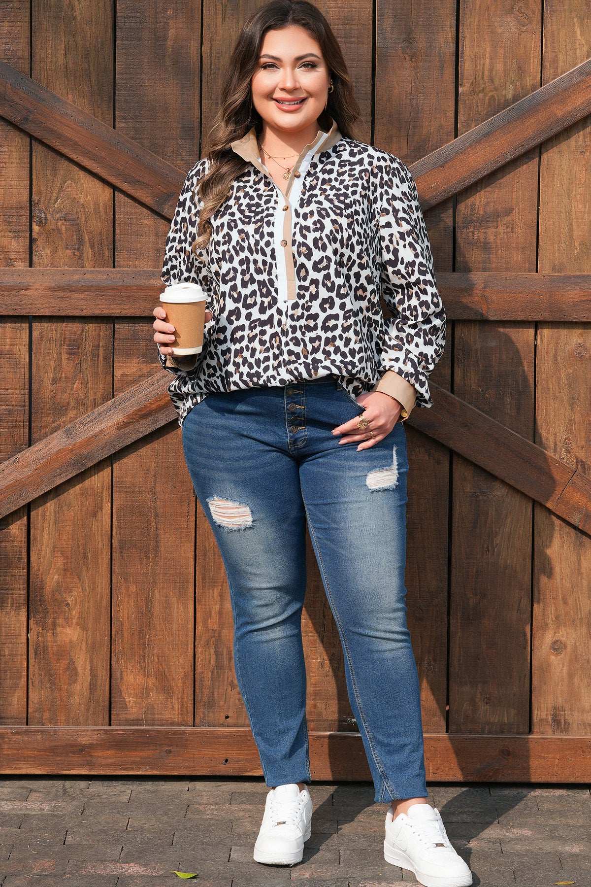 Multicolour Leopard Print Contrast Trim Button Split-Neck Plus Long-Sleeve Top