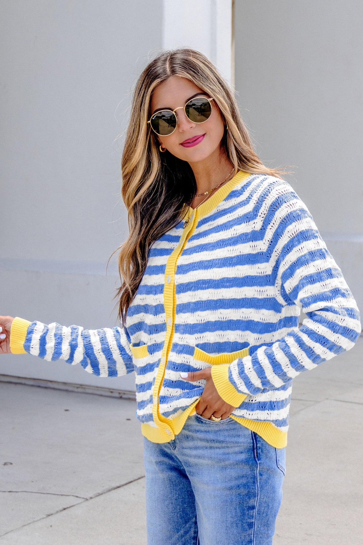 Sky Blue Stripe Striped Colorblock Button Front Long Sleeve Fit Knit Cardigan