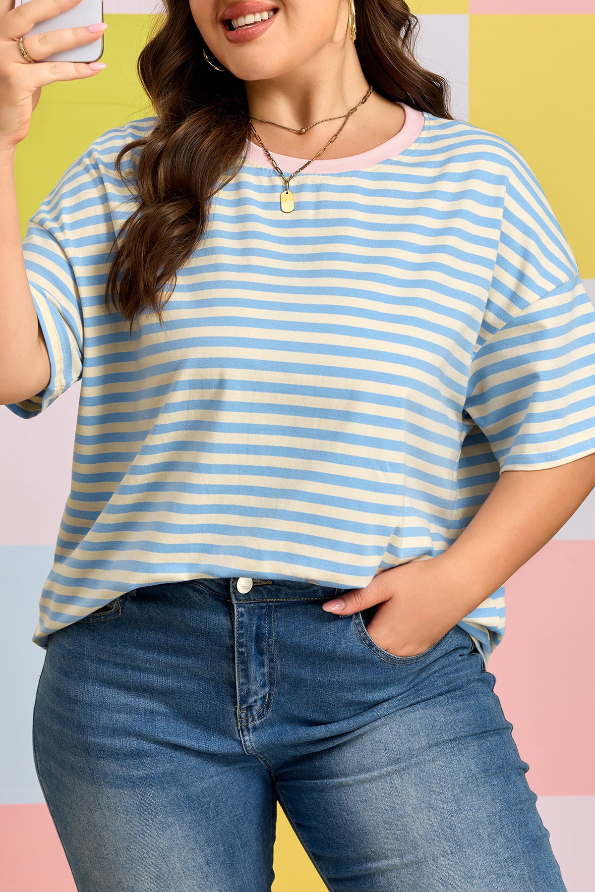 Sky Blue Stripe Plus Size Drop-Shoulder Contrast Trim Round-Neck Tee