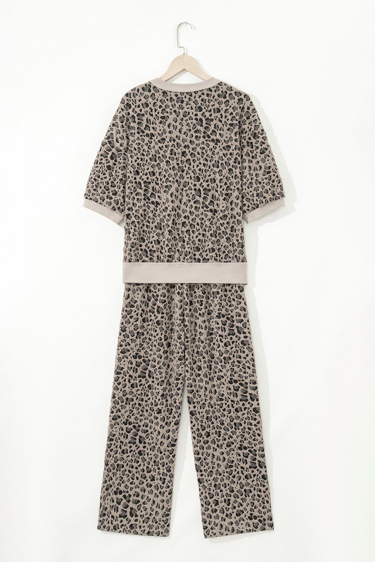 Women's Khaki Jacquard Leopard Half Sleeve Jumper Wide-Leg Pants Set