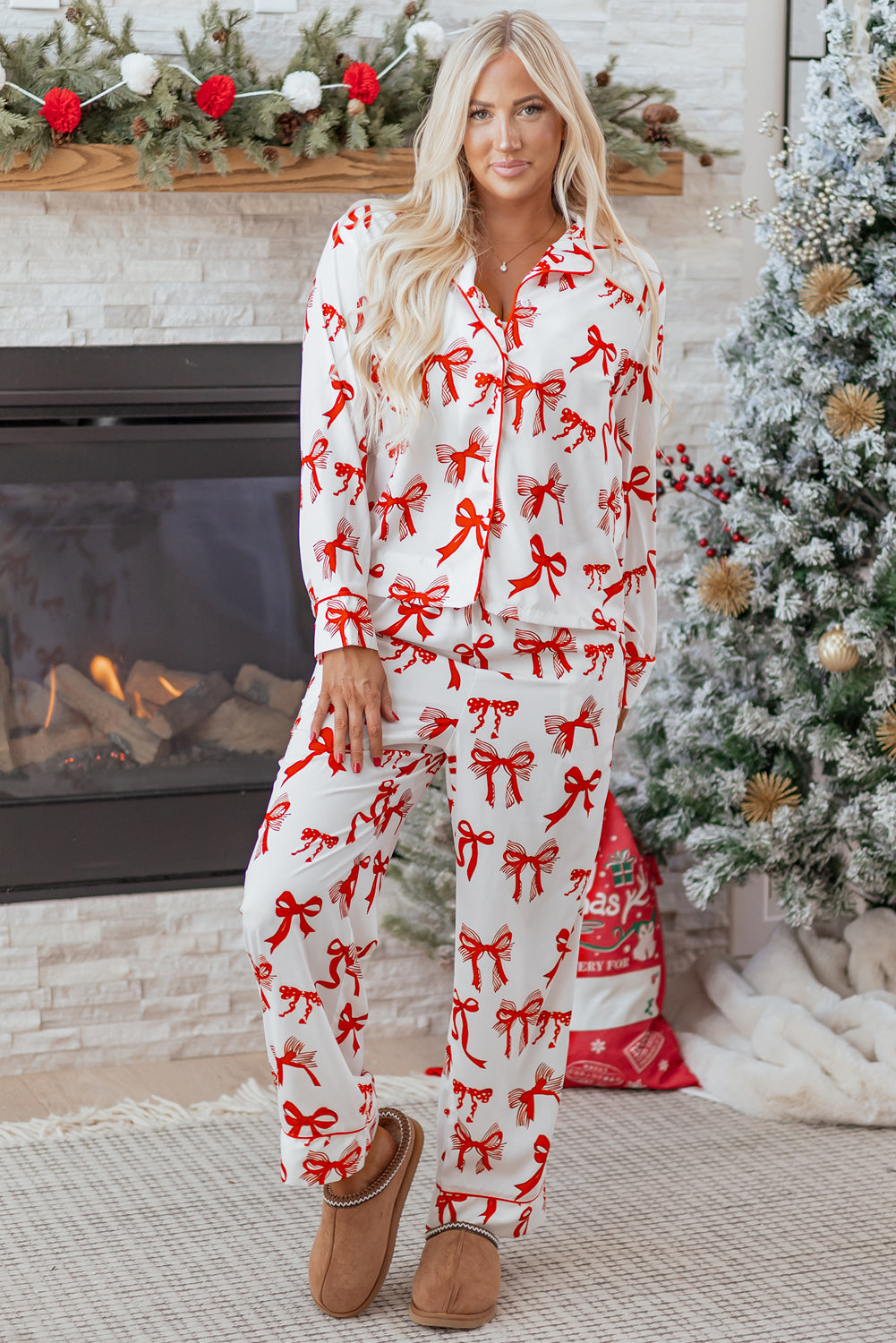 Red Christmas Bow Print Long Pajama Set