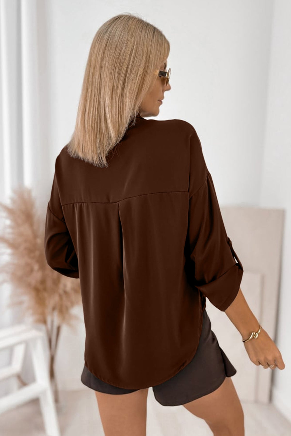 Coffee Multi Button Decoration Tab Long Sleeve Shirt
