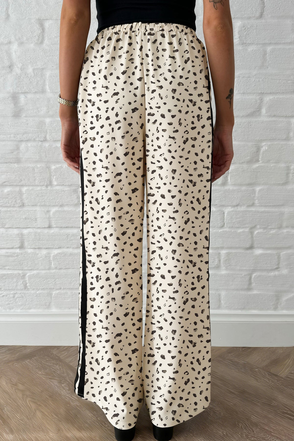 Beige Leopard Print Side Stripe Loose Drawstring Pants