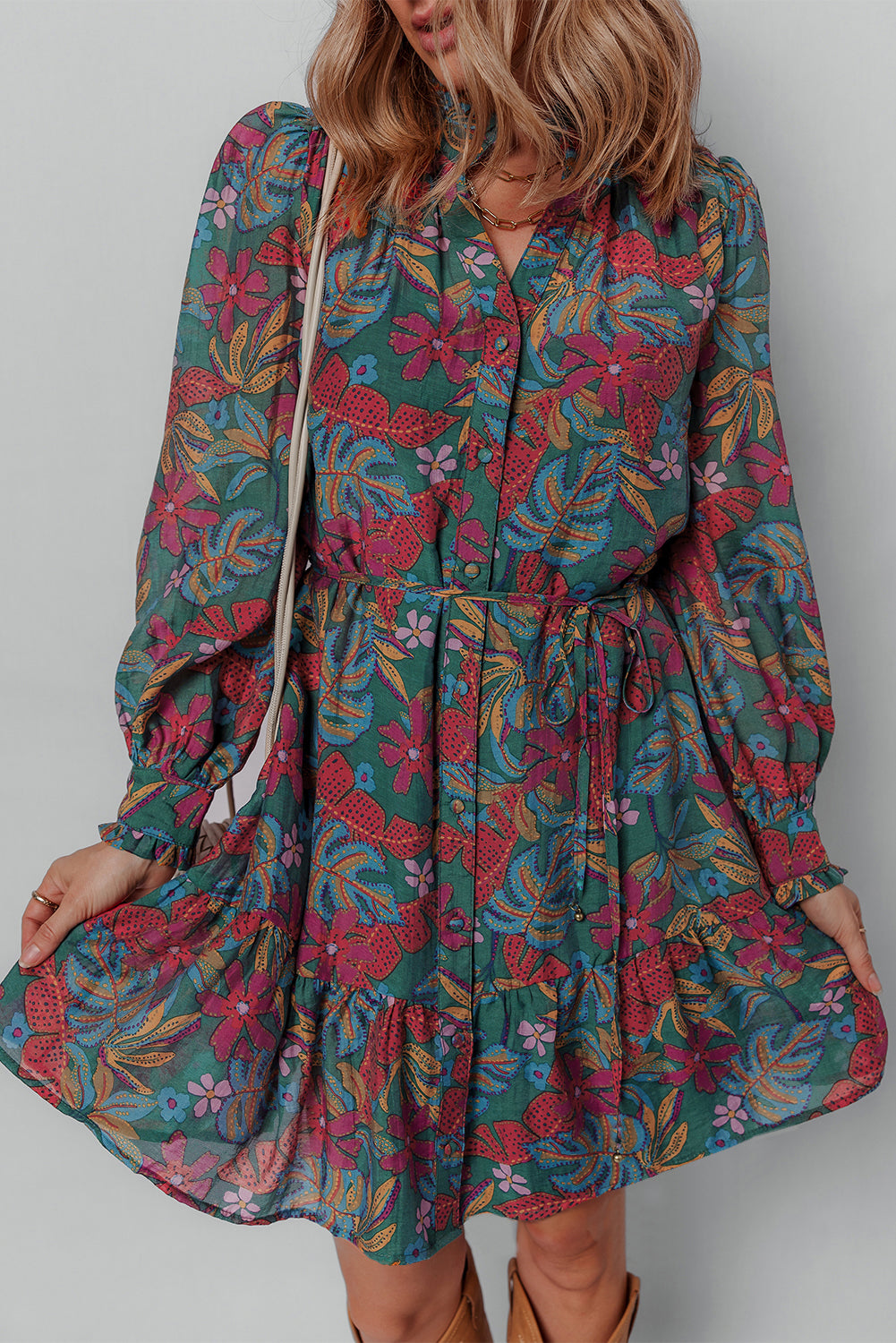 Green Floral Friled V Neck Puff Sleeve Ruffled Shirt Dress