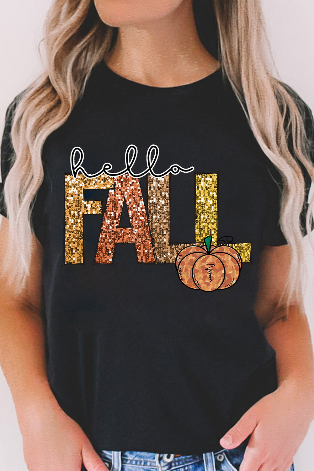 Black Hello Fall Letter Pumpkin Printed Thanksgiving T-Shirt