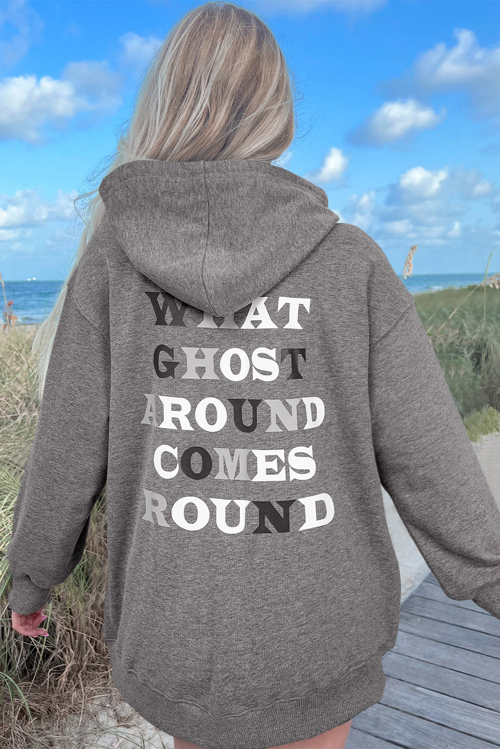 Dark Grey Cute Halloween Ghost Print Mineral Wash Hoodie