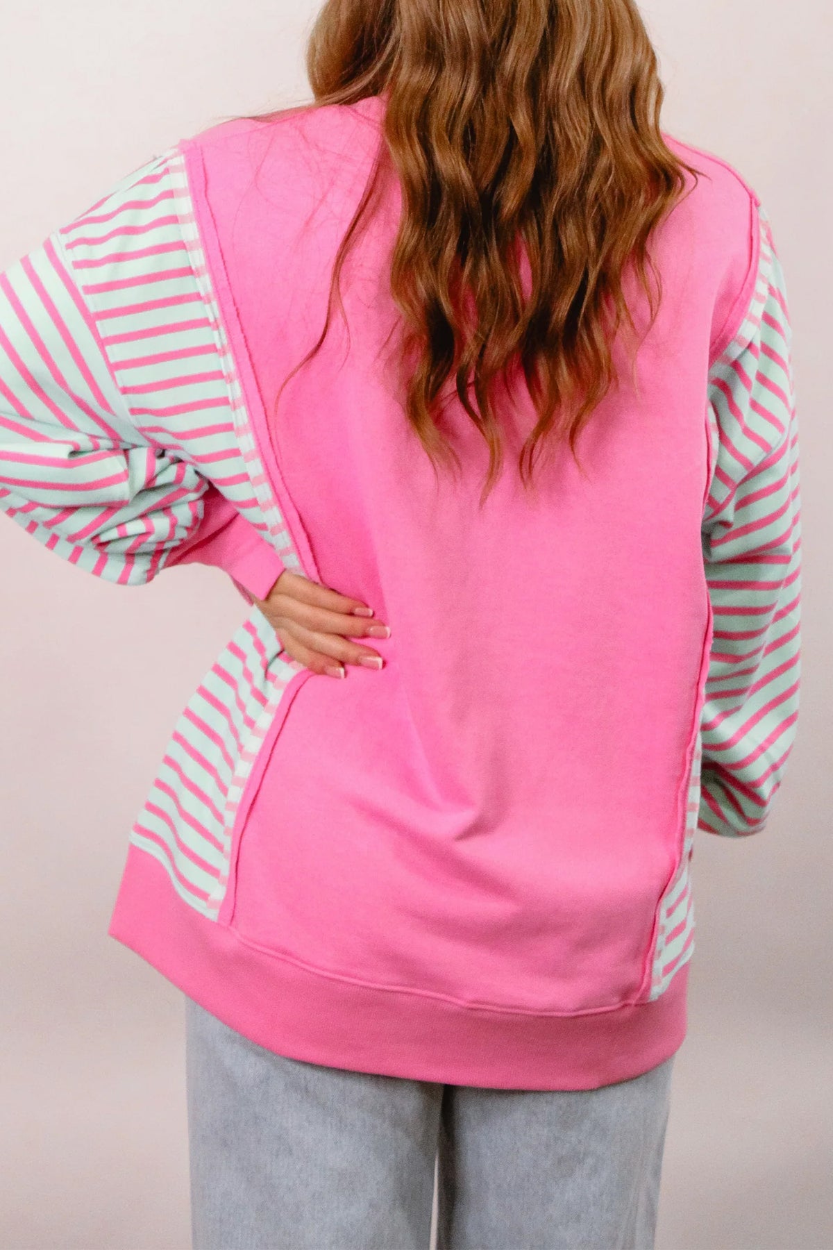 Rose Stripe Color Block Patchwork Split Top