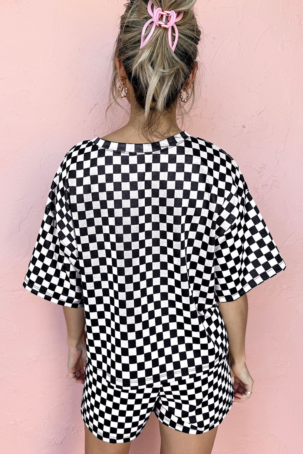 Black Checkered Top and Shorts Casual Lounge Set