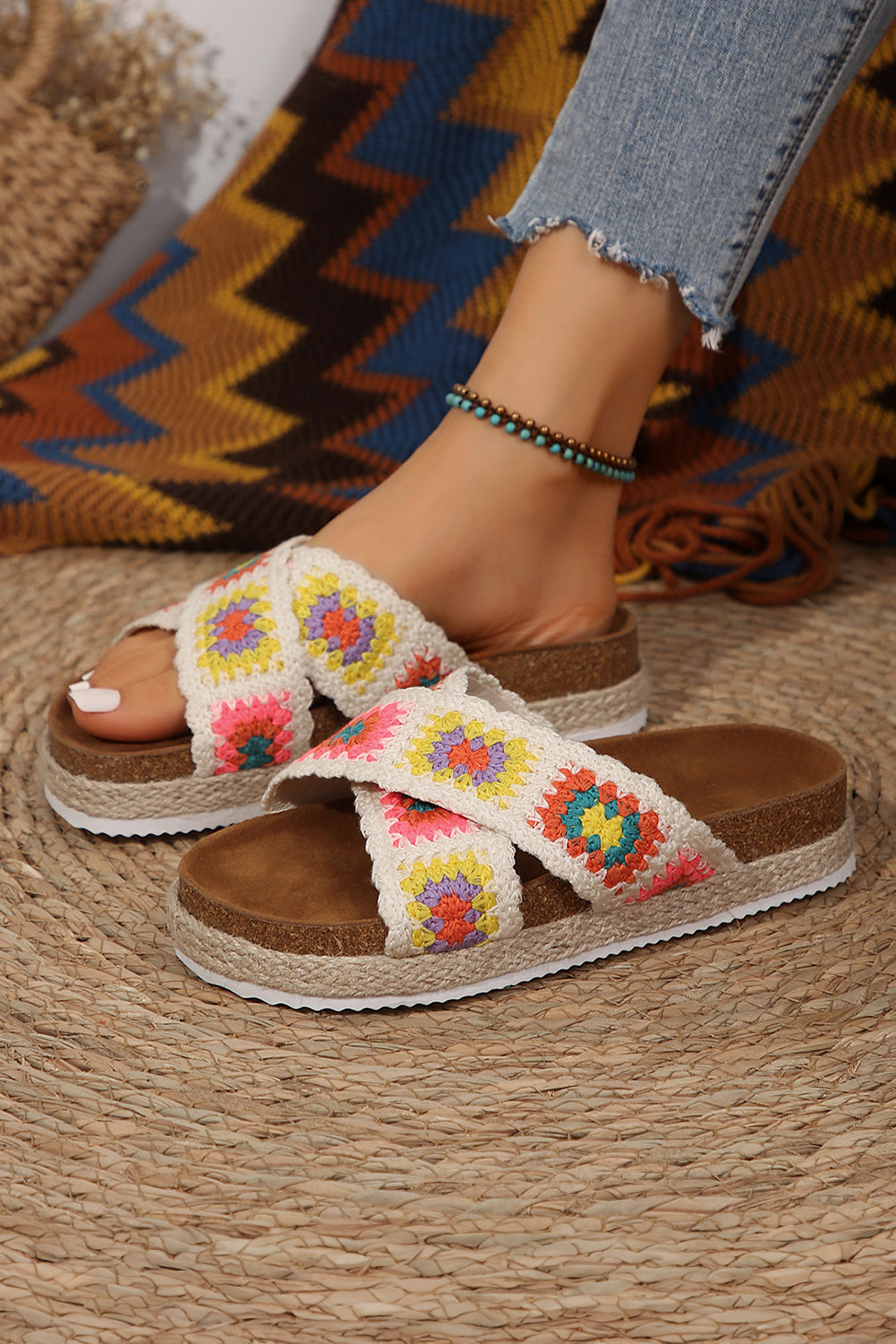 White Geometric Woven Crisscross Strap Platform Sandals
