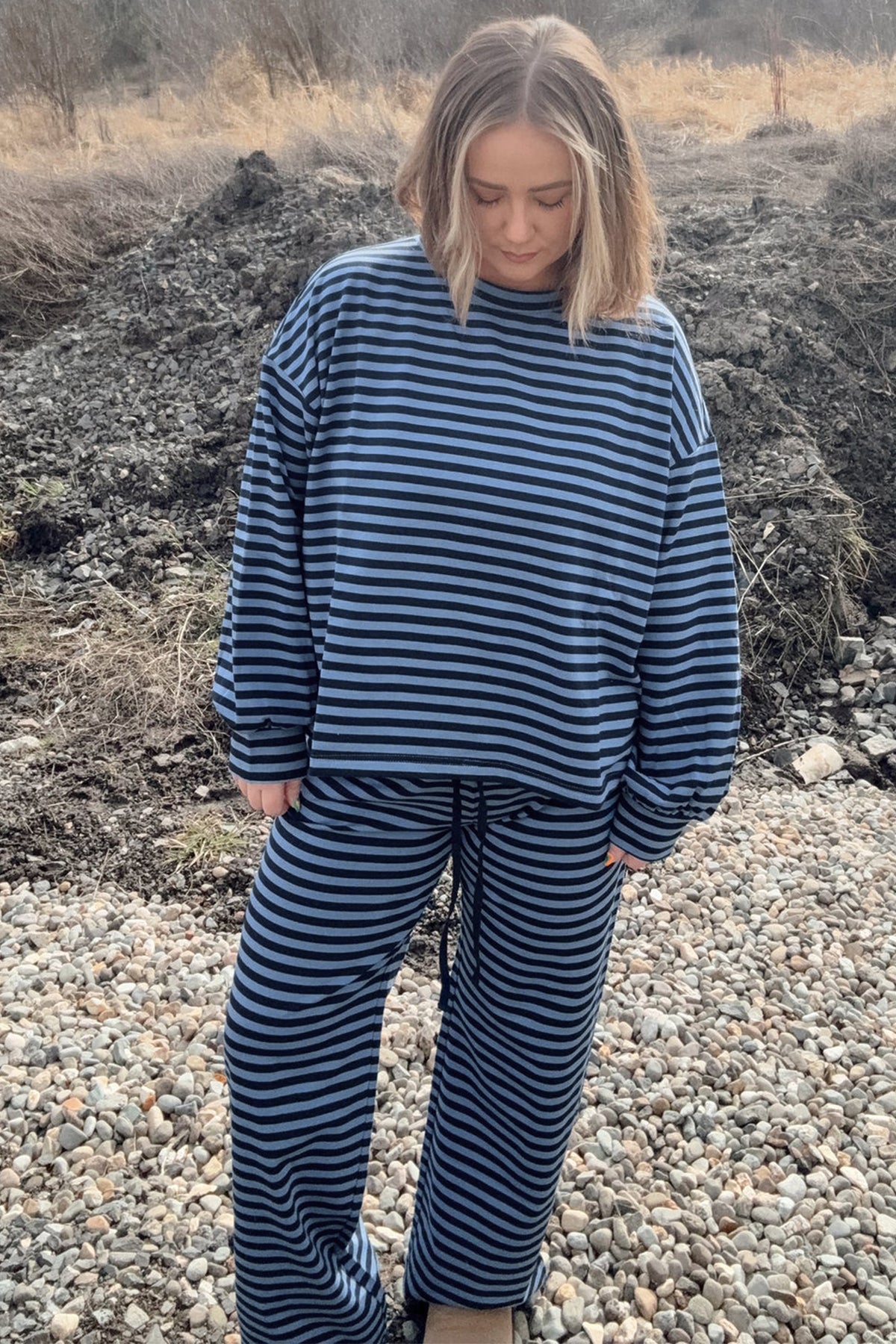 Blue Stripe Long-Sleeve Drawstring-Waist Plus Size Lounge Pants Set