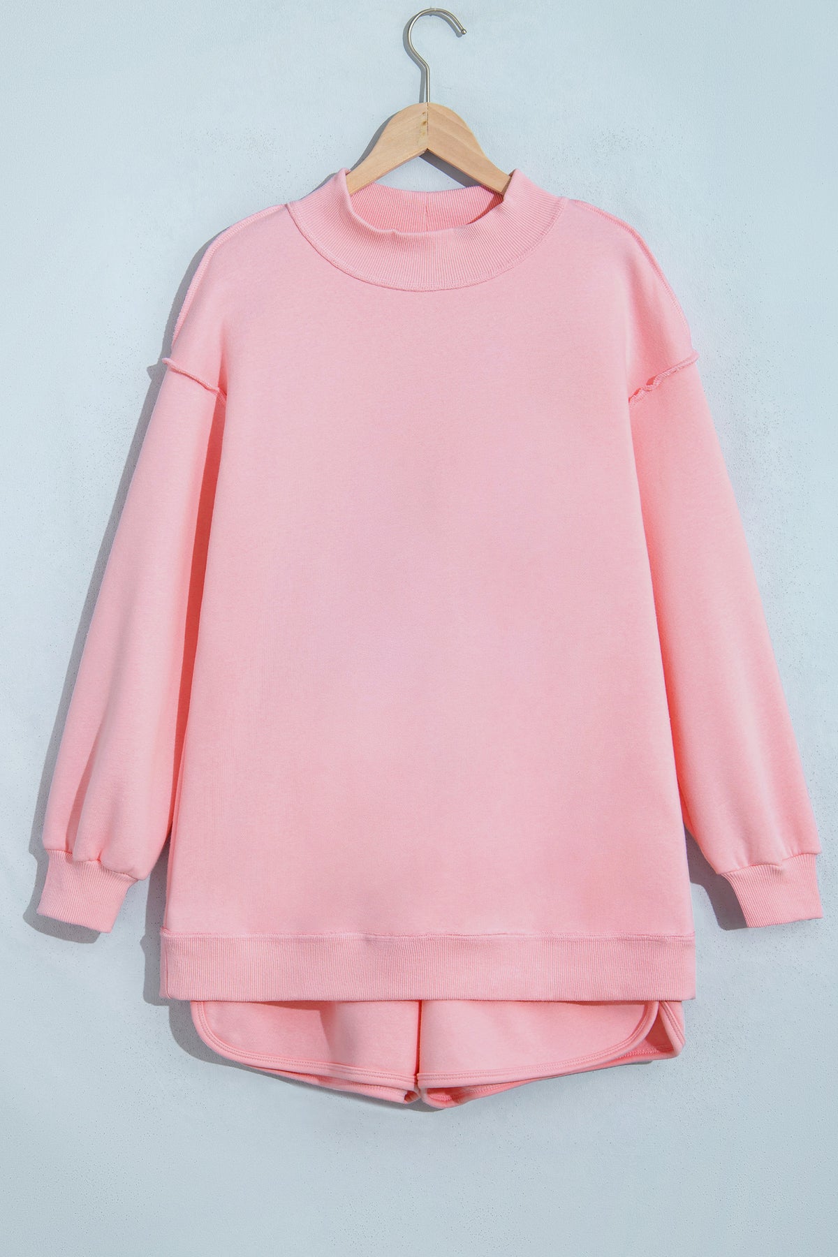 Women's Light Pink High-Neck Exposed Seam Drop Shoulder Baggy Pullover Shorts Set
