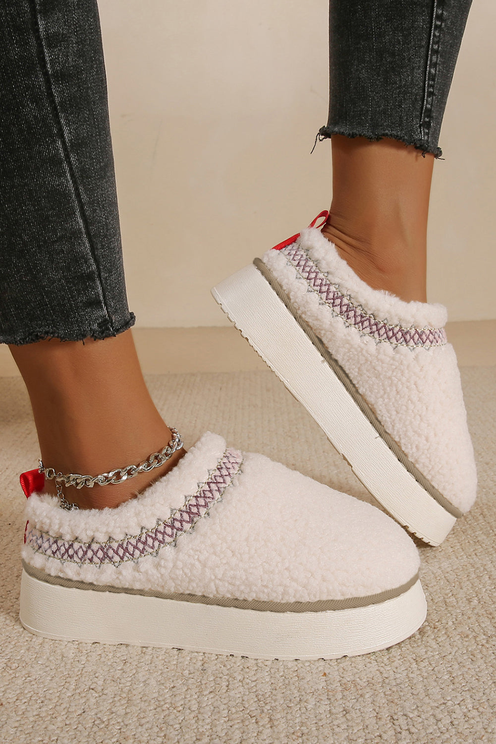 Oatmeal Soft Plush Embroidered Flat Platform Slippers