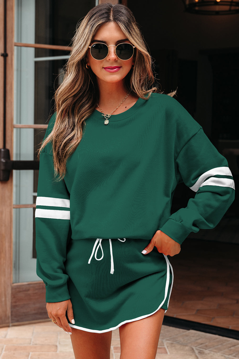 Women's Tillandsia Purple Varsity Stripe Detail Drop Shoulder Pullover Mini Skort Two-Piece Set