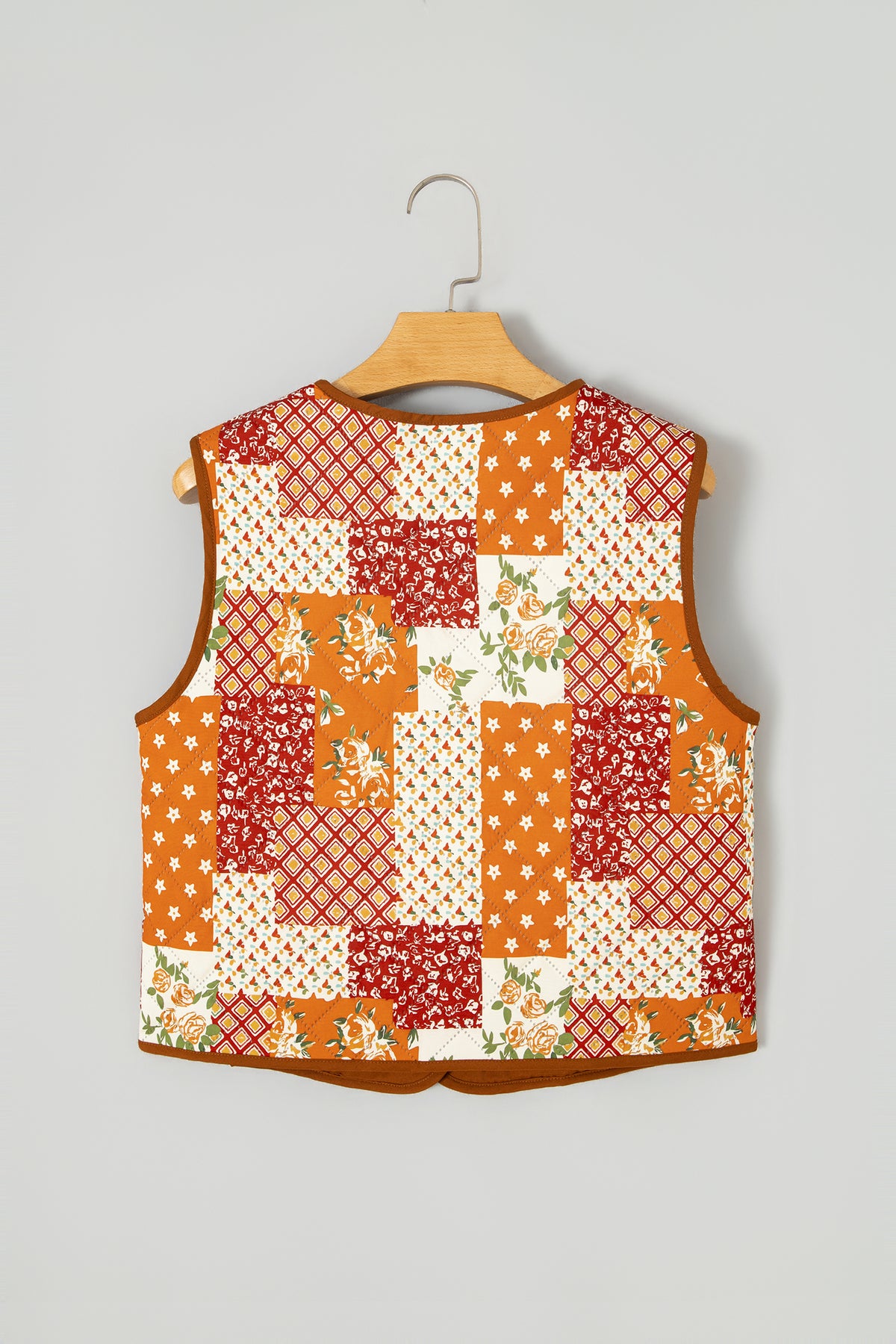 Golden Fleece Quilted Floral Patchwork V Neck Button Vest