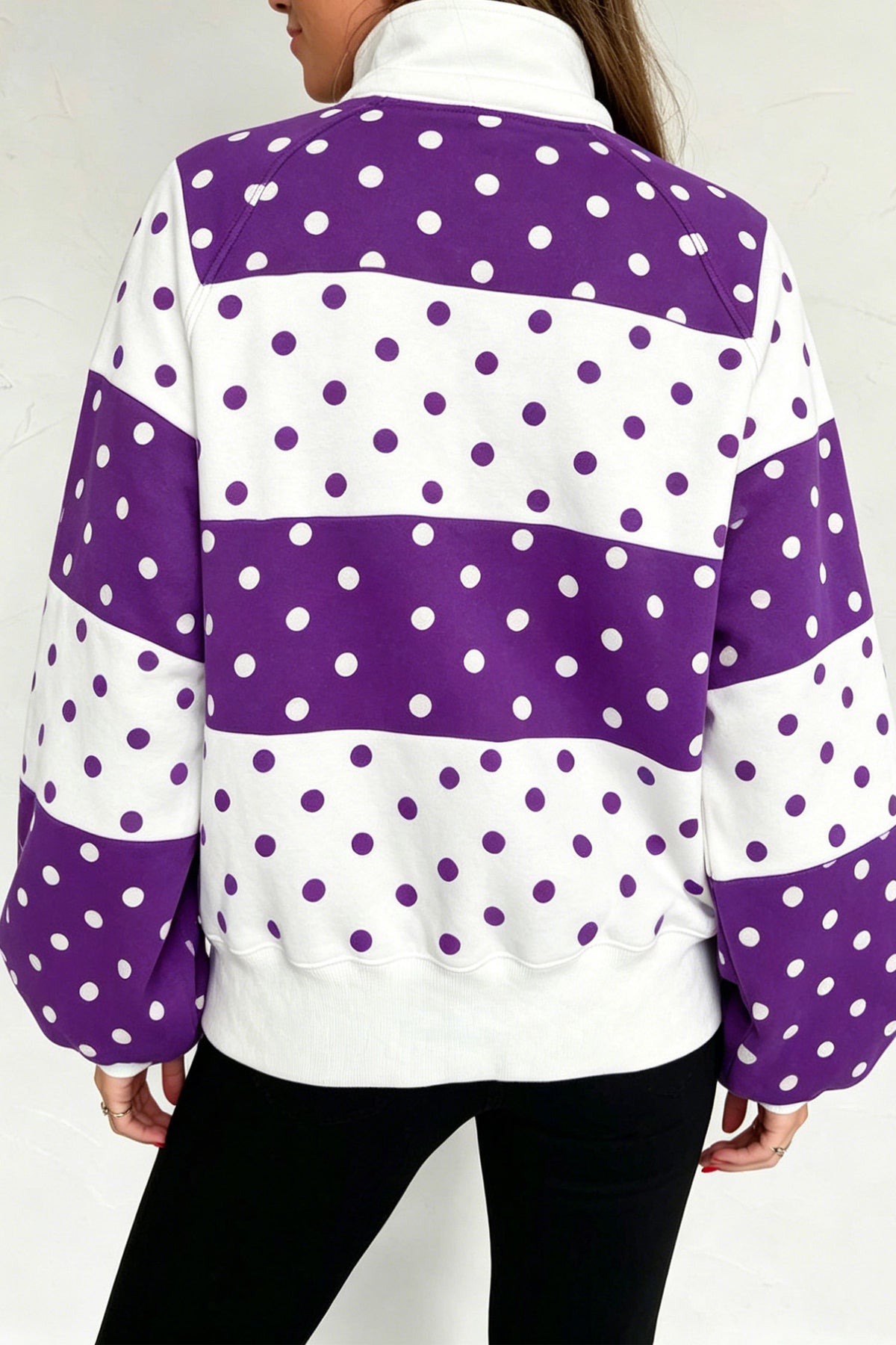 Blue Polka Dot Color Block Half Zip Puff Sleeve Sweatshirt