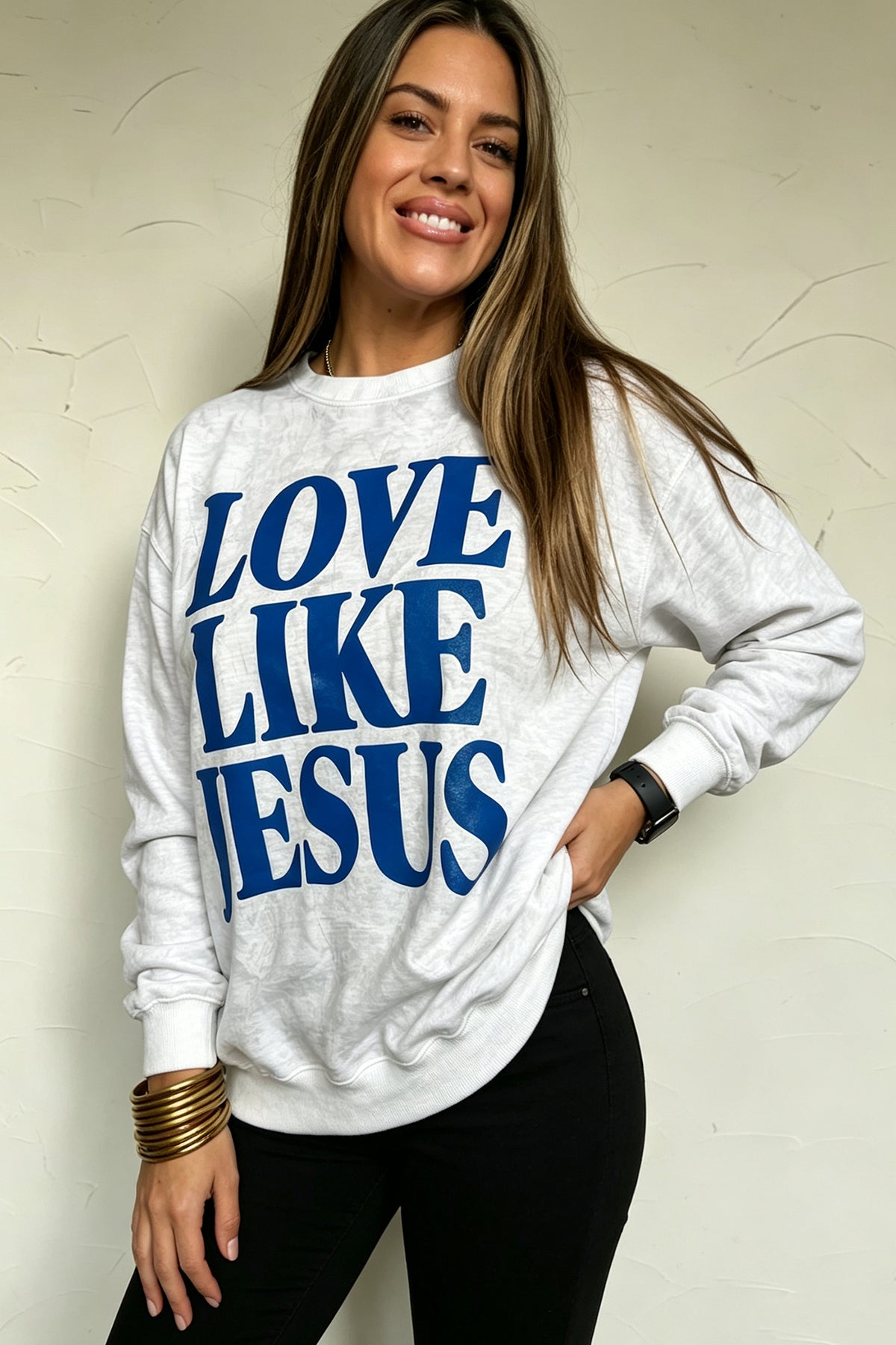 Gray LOVE LIKE JESUS Letter Print Light Camo Pullover Sweatshirt